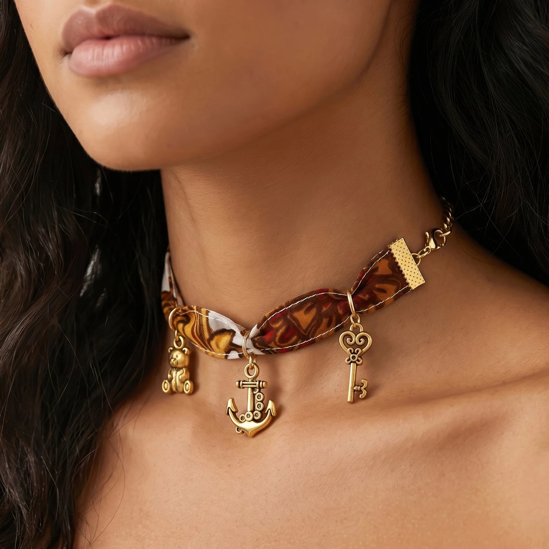 PRAO Necklace Silky Print Satin Choker With Gold Charms - Image 2