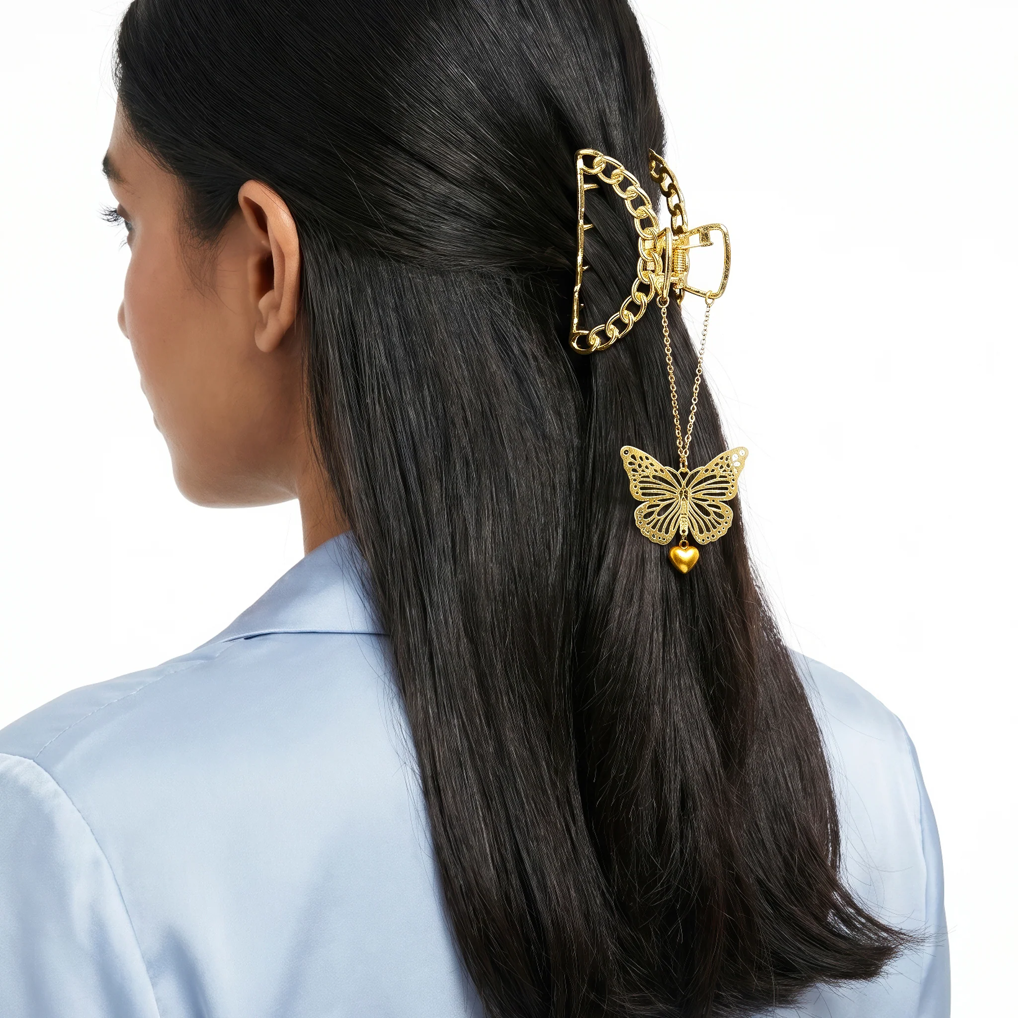 PRAO Hair Claw Clip Anti-Tarnish Butterfly Chain-Link With Heart Pendant - Image 2