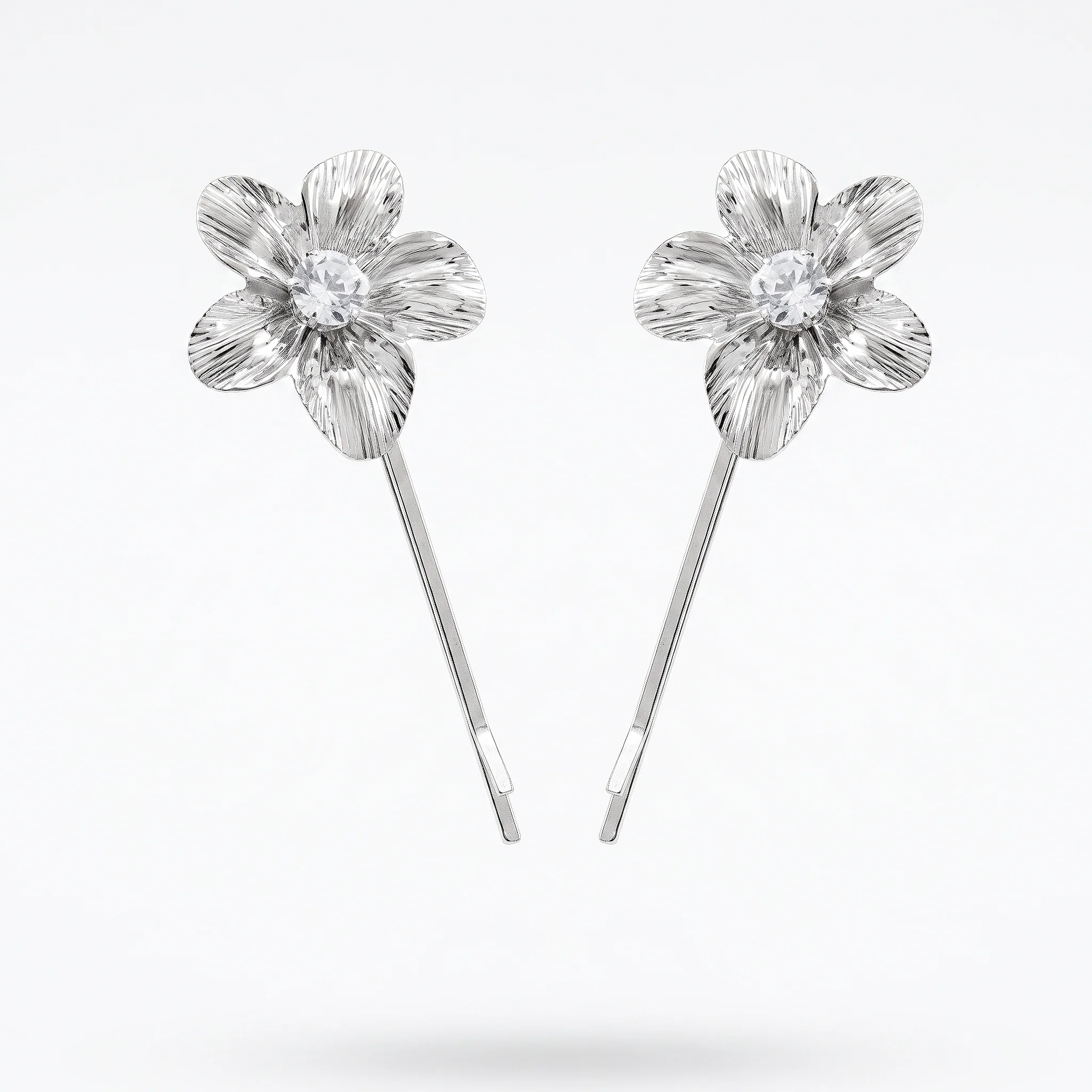 PRAO Hair Pin Anti-Tarnish Floral Pin Pair Textured Petals Rhinestone Center - Image 3