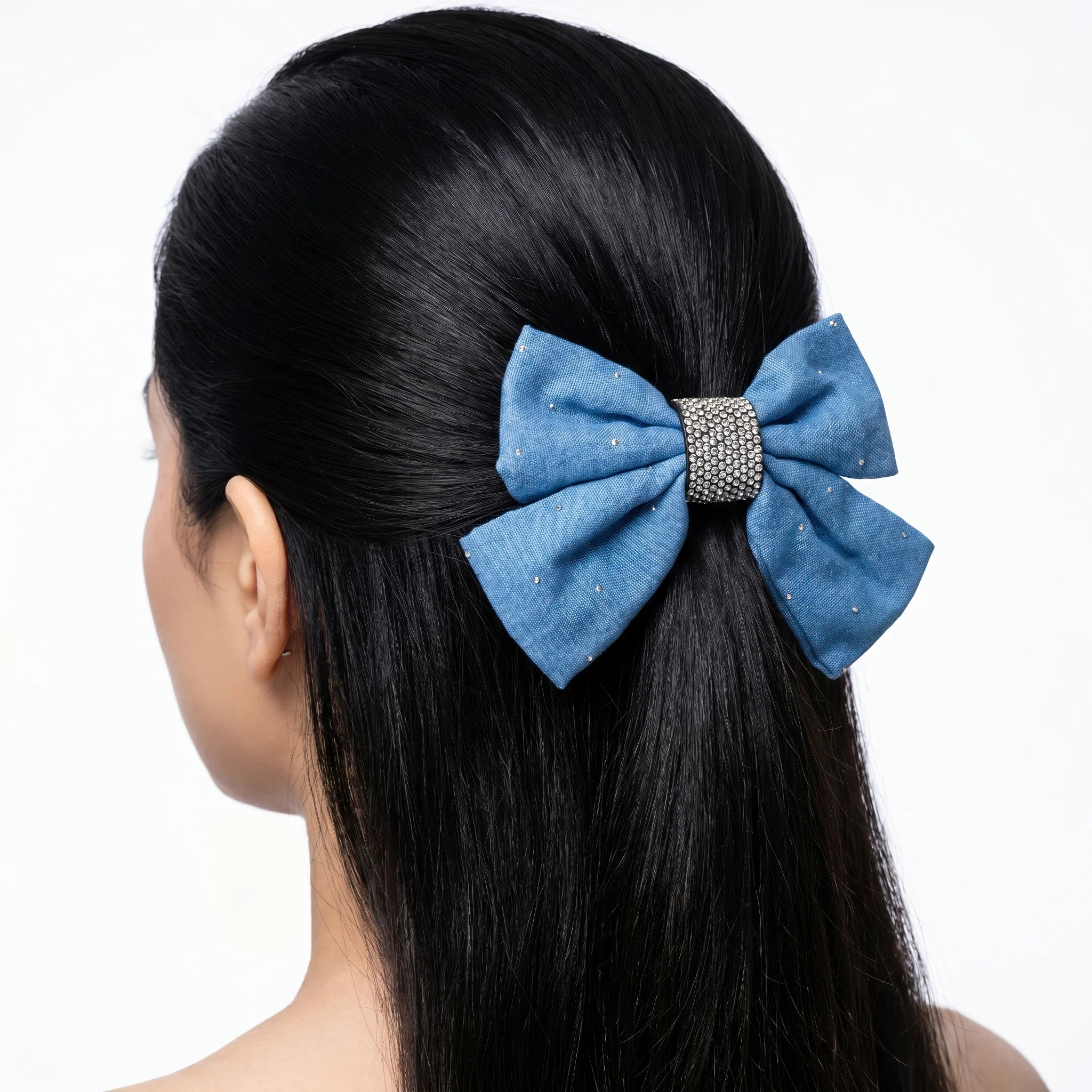 PRAO Hair Clip Anti-Tarnish Light Denim Bow Rhinestone Center Band