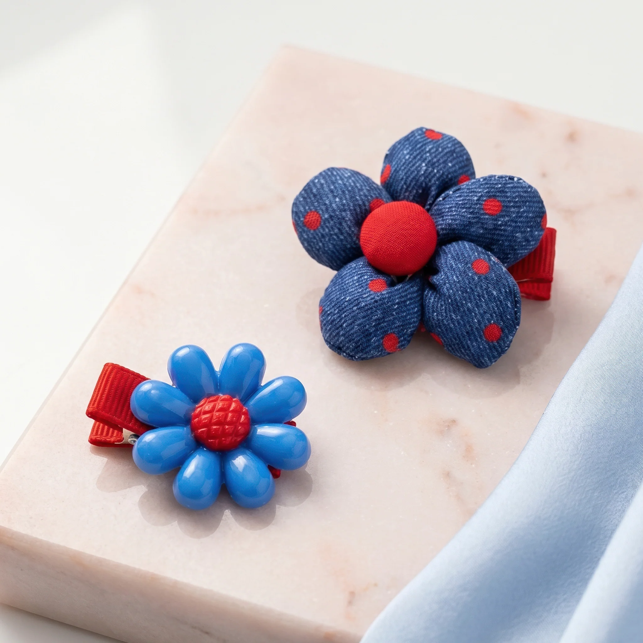 PRAO 2 Hair Clip Anti-Tarnish Blue Flower Pair Plastic Fabric Red Polka Dot - Image 4