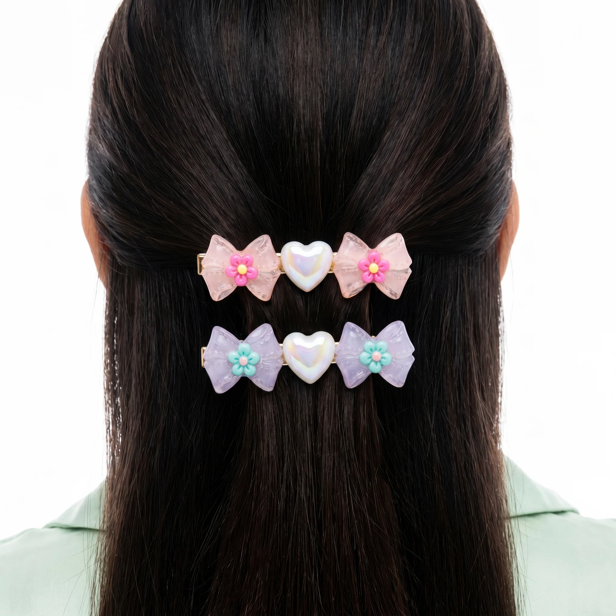 PRAO 2 Hair Clip Anti-Tarnish Pastel Peach Purple Pair Flower Heart Accent