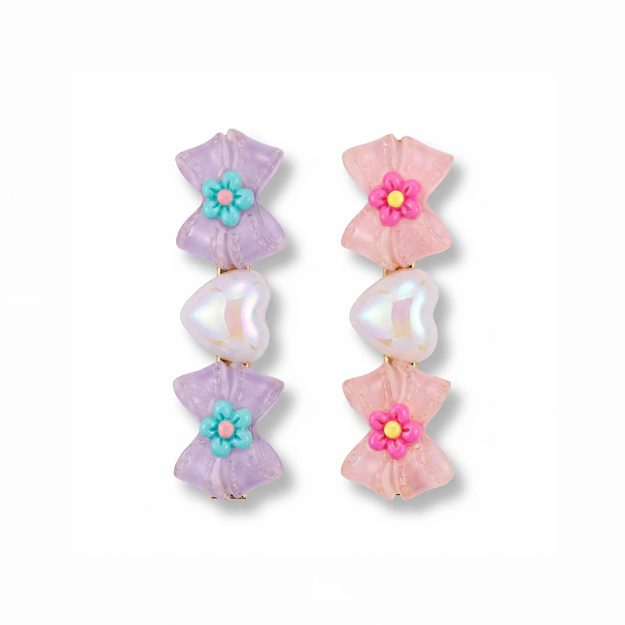 PRAO 2 Hair Clip Anti-Tarnish Pastel Peach Purple Pair Flower Heart Accent - Image 3