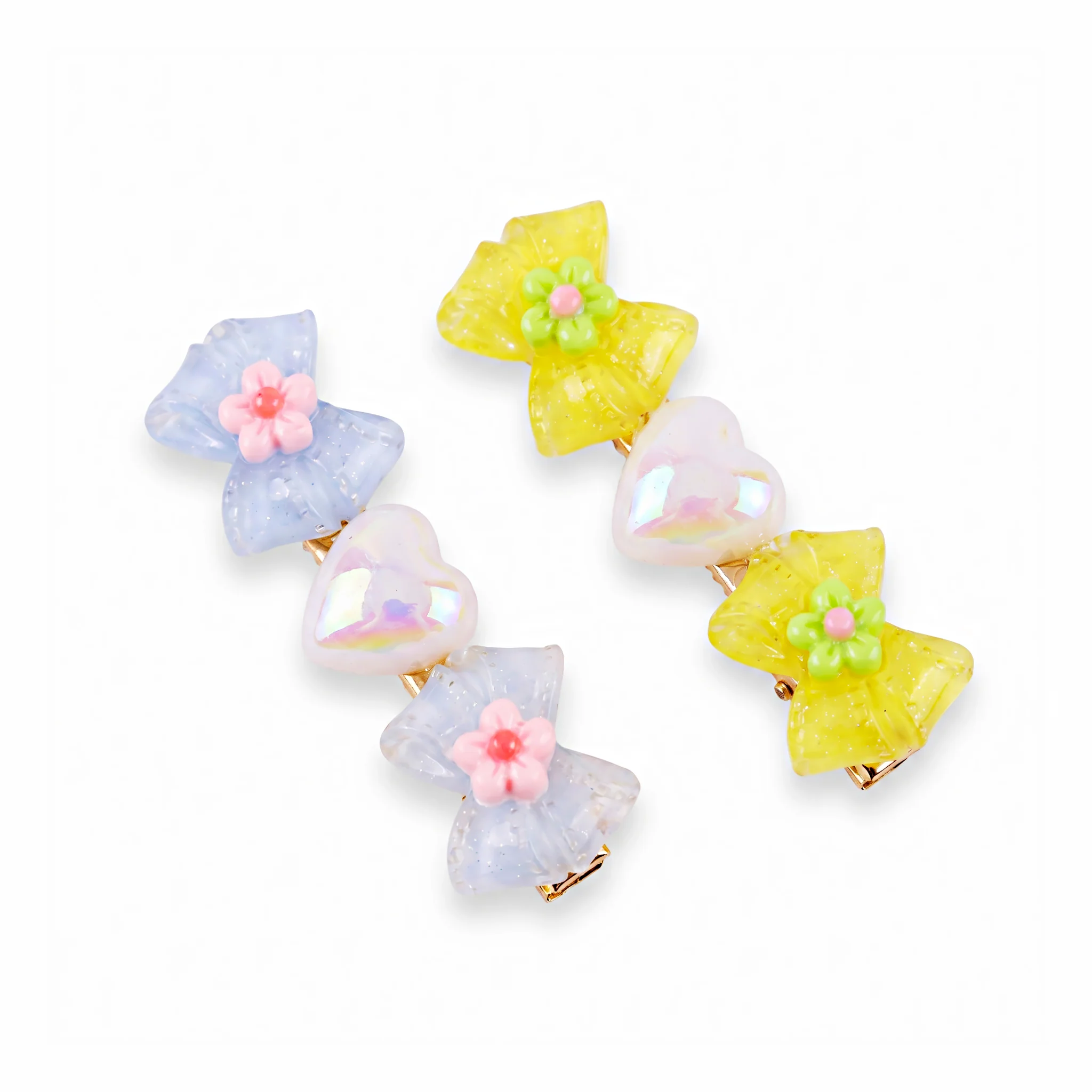 PRAO 2 Hair Clip Anti-Tarnish Yellow Pastel Blue Resin Bow Pair Flower Center Iridescent Heart Accent - Image 4