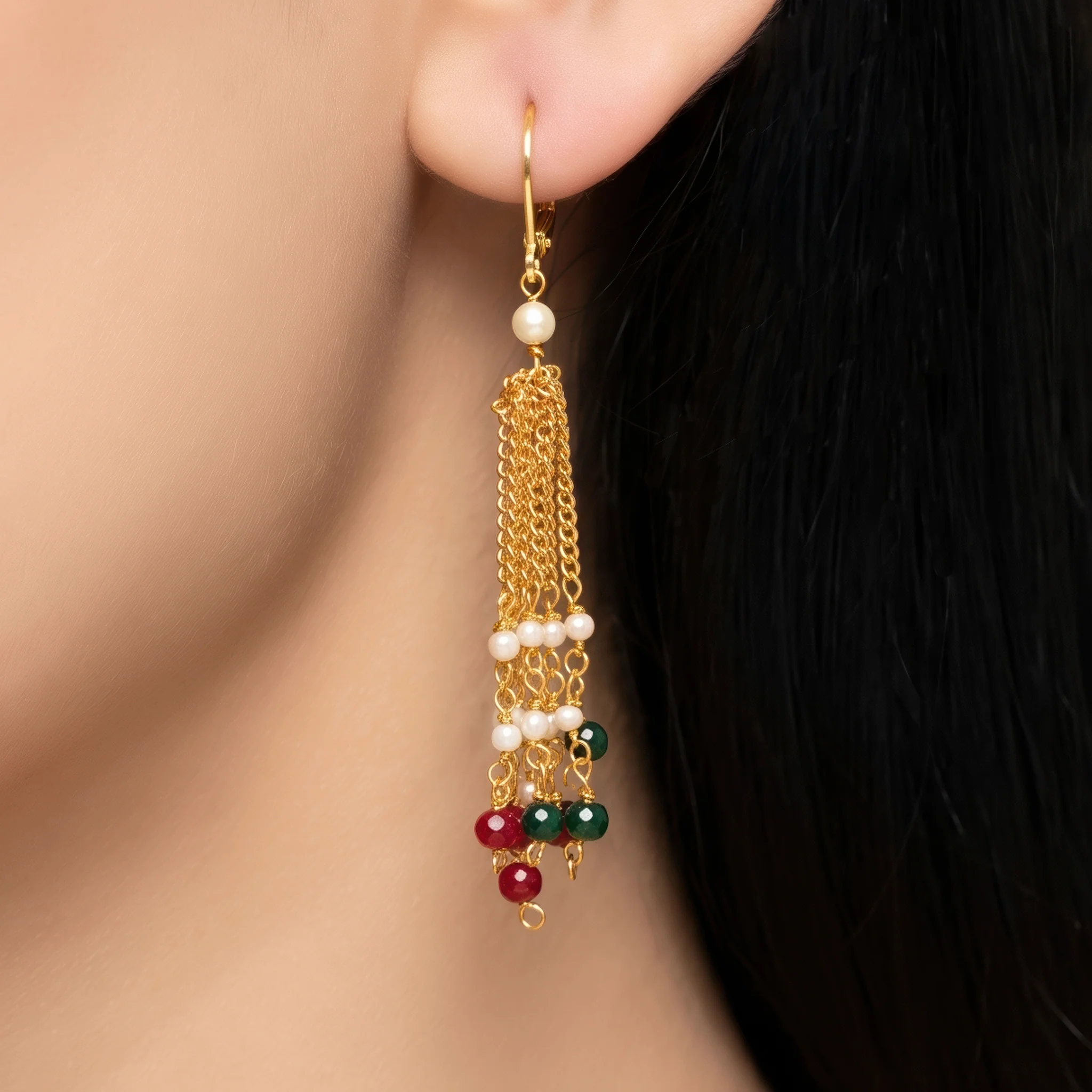 PRAO Earrings Anti-Tarnish Red Green Pearl Dangles - Image 2