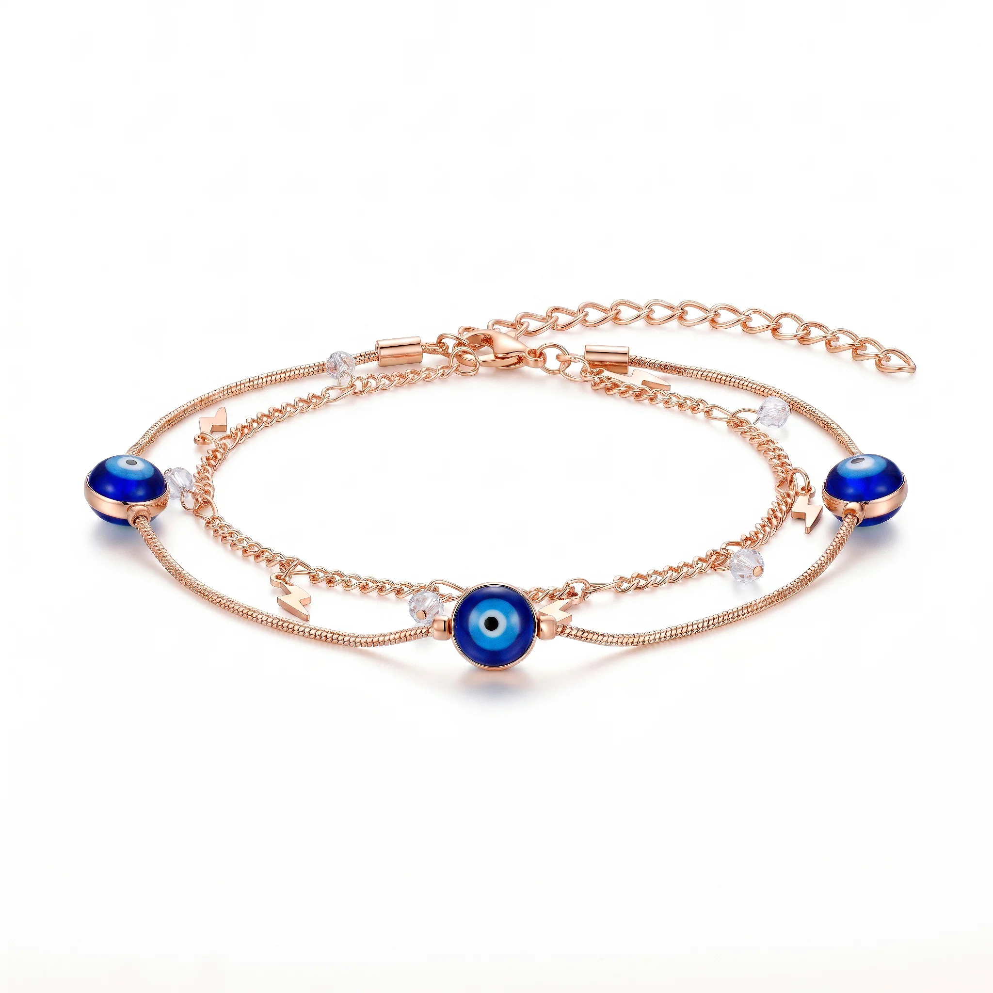 PRAO Anklet Anti-Tarnish Double-Layered With Evil Eye Beads, Lightning Bolt And Crystal Charms - Image 3