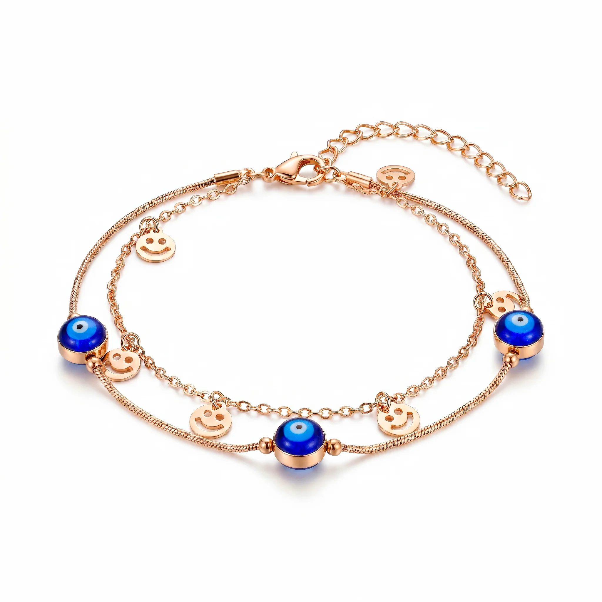 PRAO Anklet Anti-Tarnish Chain With Evil Eye Charms And Smiley Face Pendants - Image 3