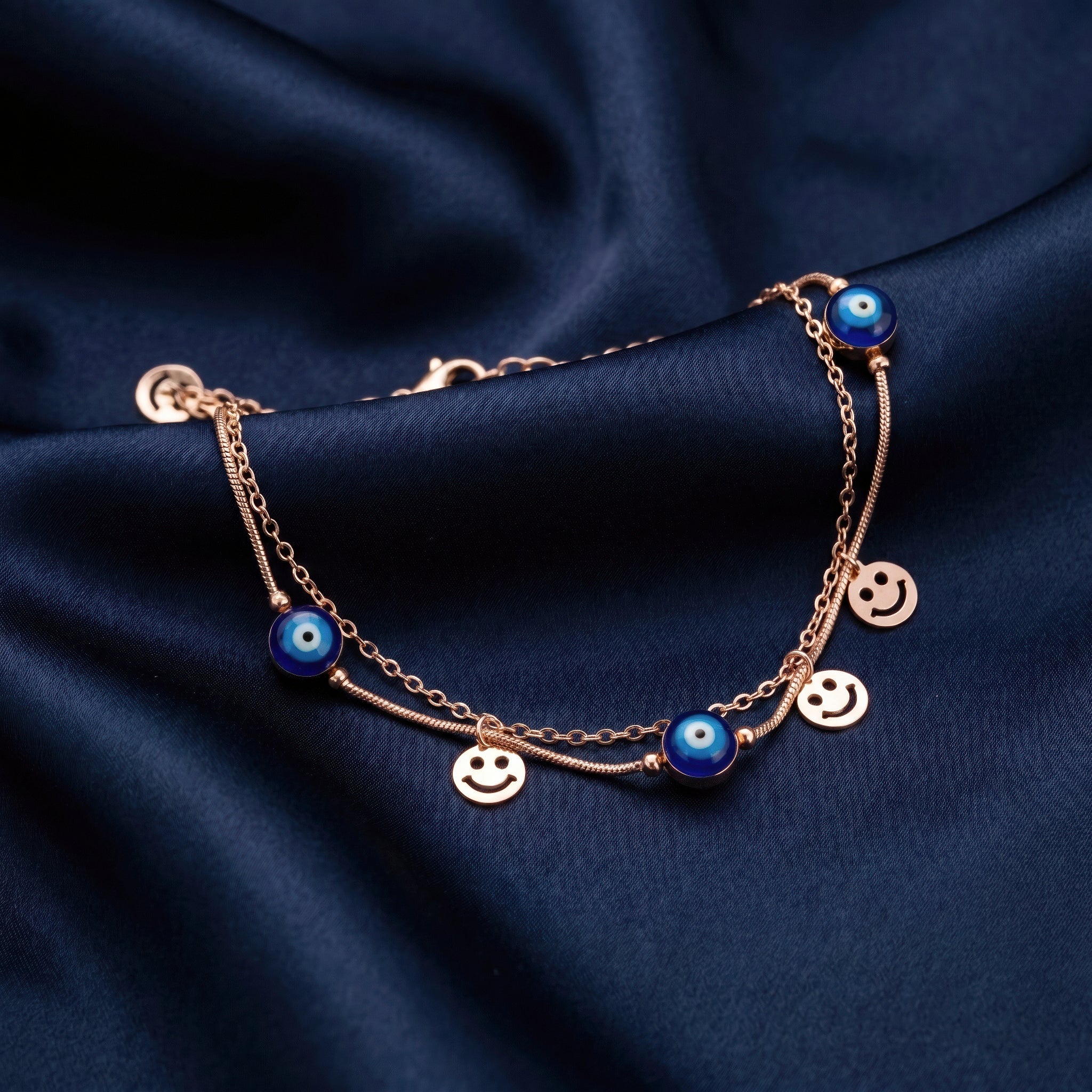 PRAO Anklet Anti-Tarnish Chain With Evil Eye Charms And Smiley Face Pendants - Image 4