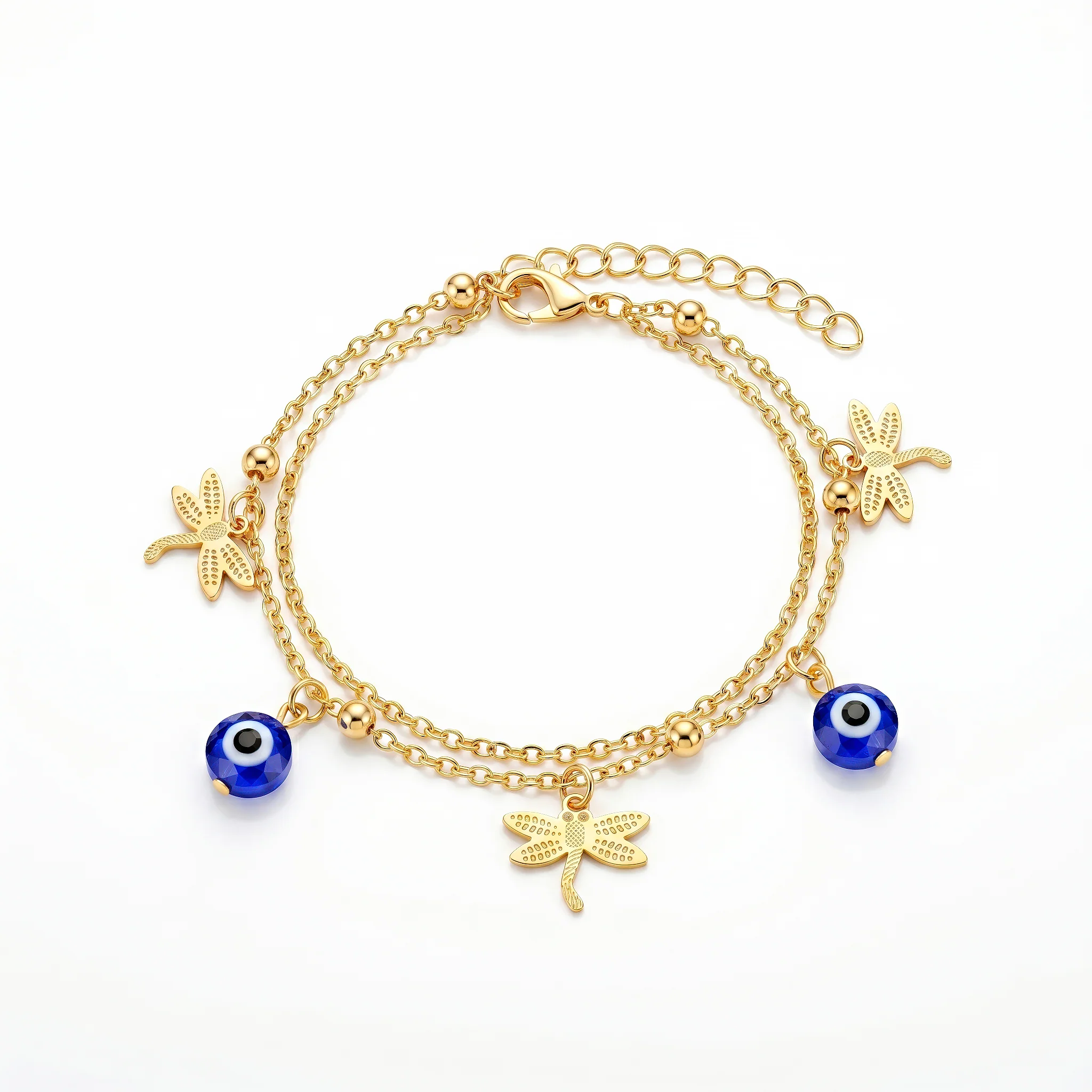PRAO Anklet Anti-Tarnish Double-Strand With Dragonfly Charms And Blue Evil Eye Beads - Image 2