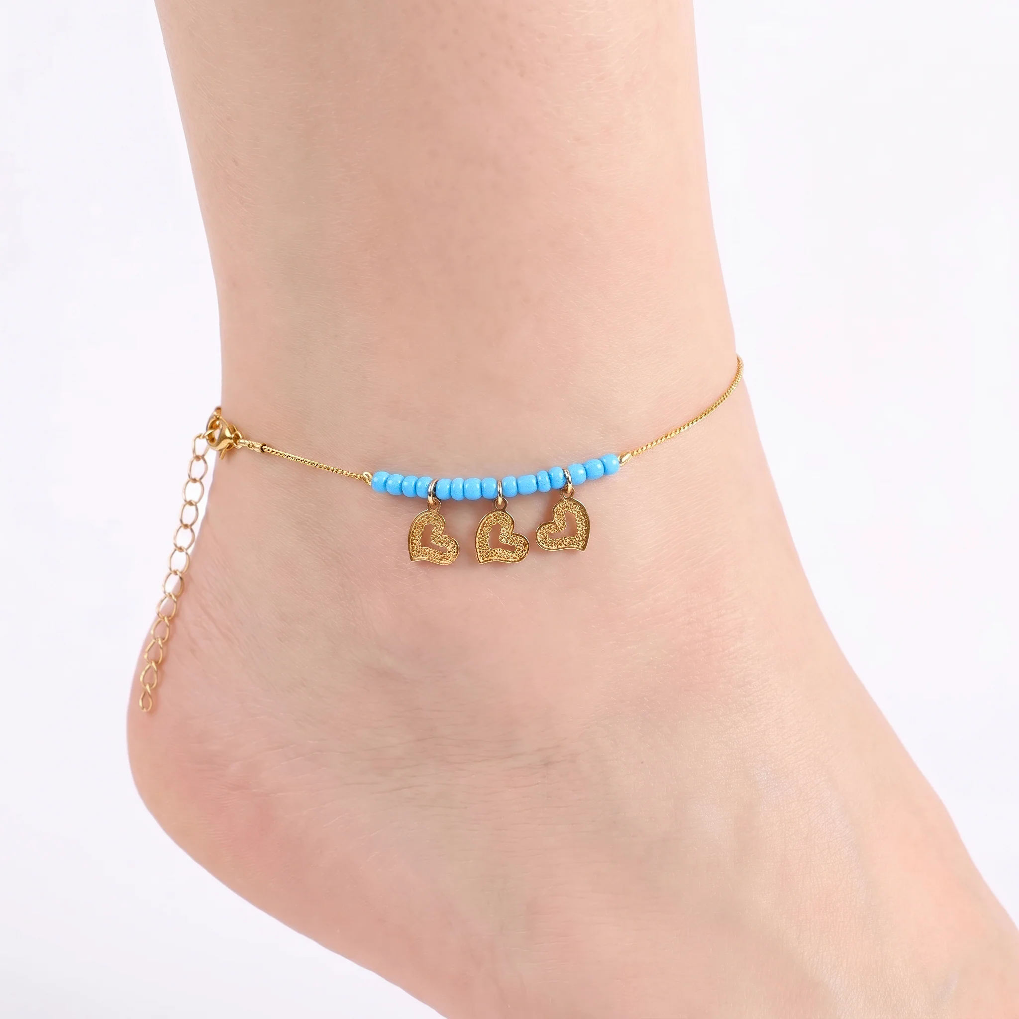 PRAO Anklet Anti-Tarnish Turquoise Blue Beads And Three Intricate Heart-Shaped Charms - Image 2