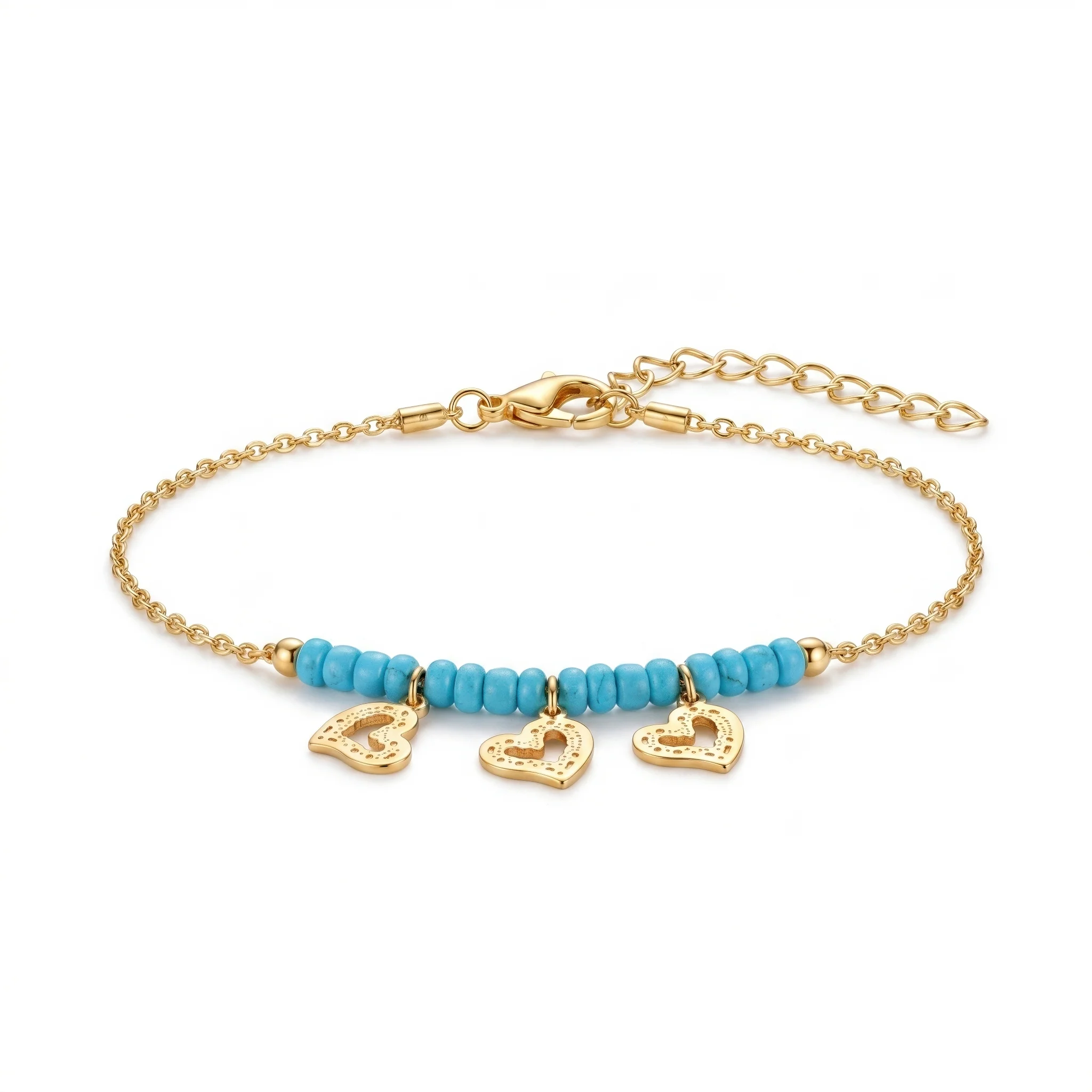 PRAO Anklet Anti-Tarnish Turquoise Blue Beads And Three Intricate Heart-Shaped Charms - Image 3
