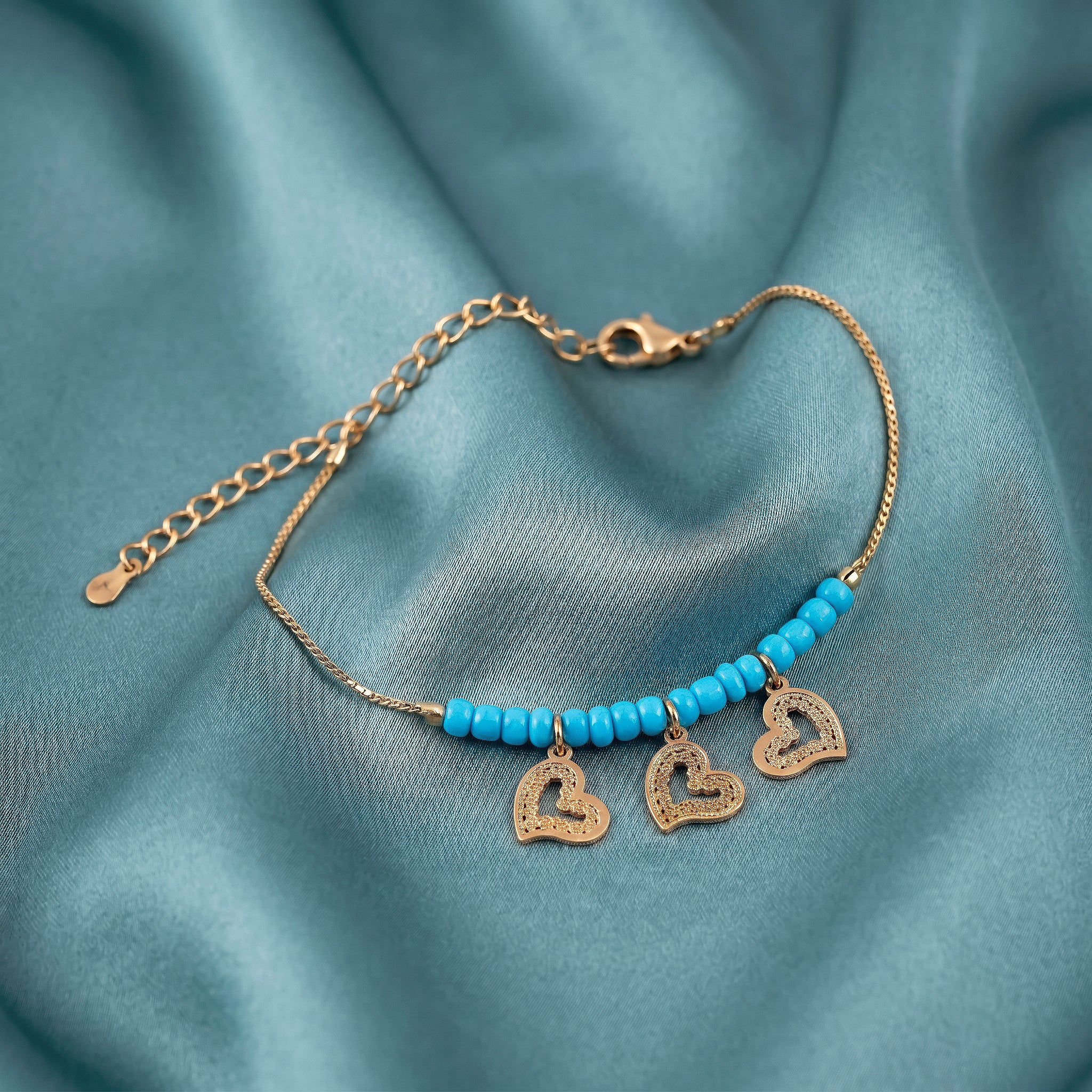 PRAO Anklet Anti-Tarnish Turquoise Blue Beads And Three Intricate Heart-Shaped Charms - Image 4