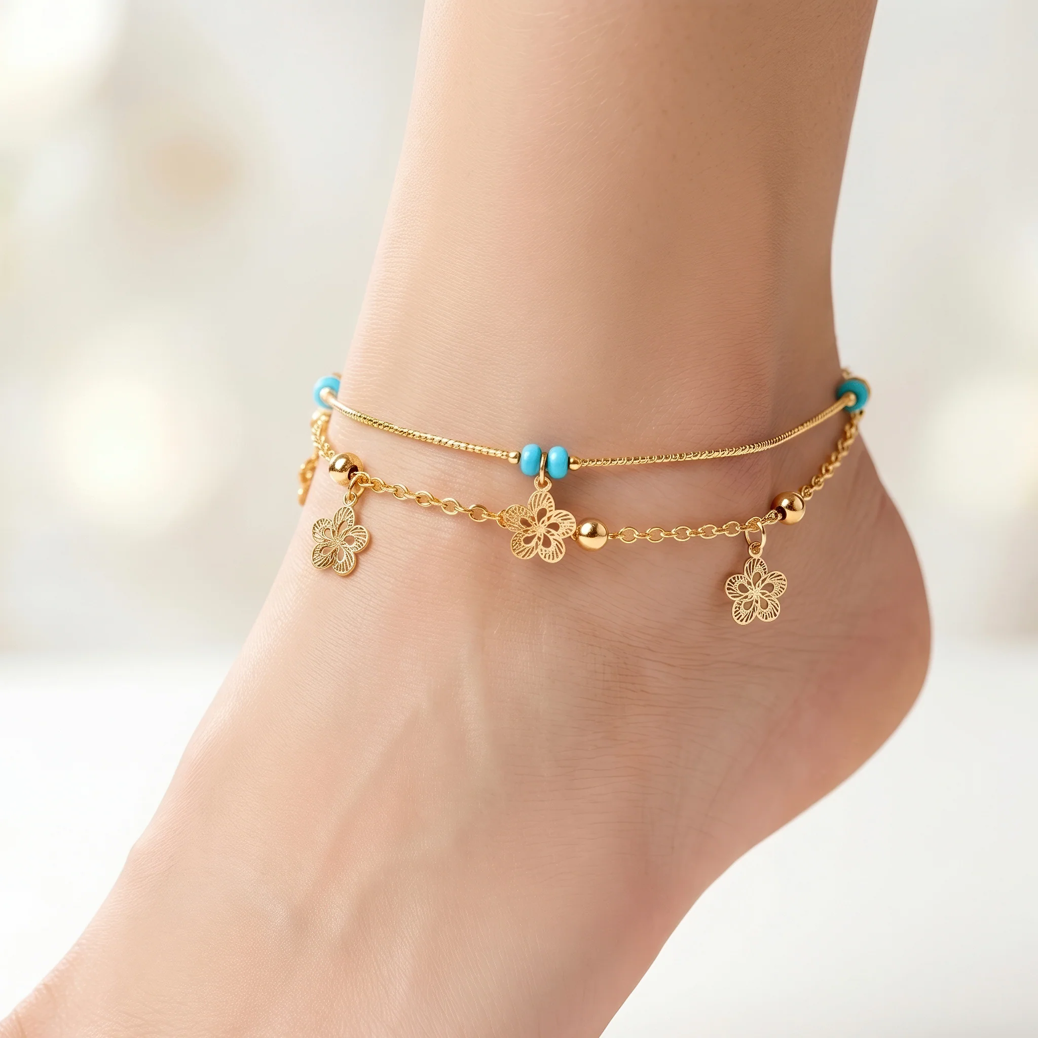 PRAO Anklet Anti-Tarnish Elegant Double-Layered With Turquoise Beads And Floral Charms
