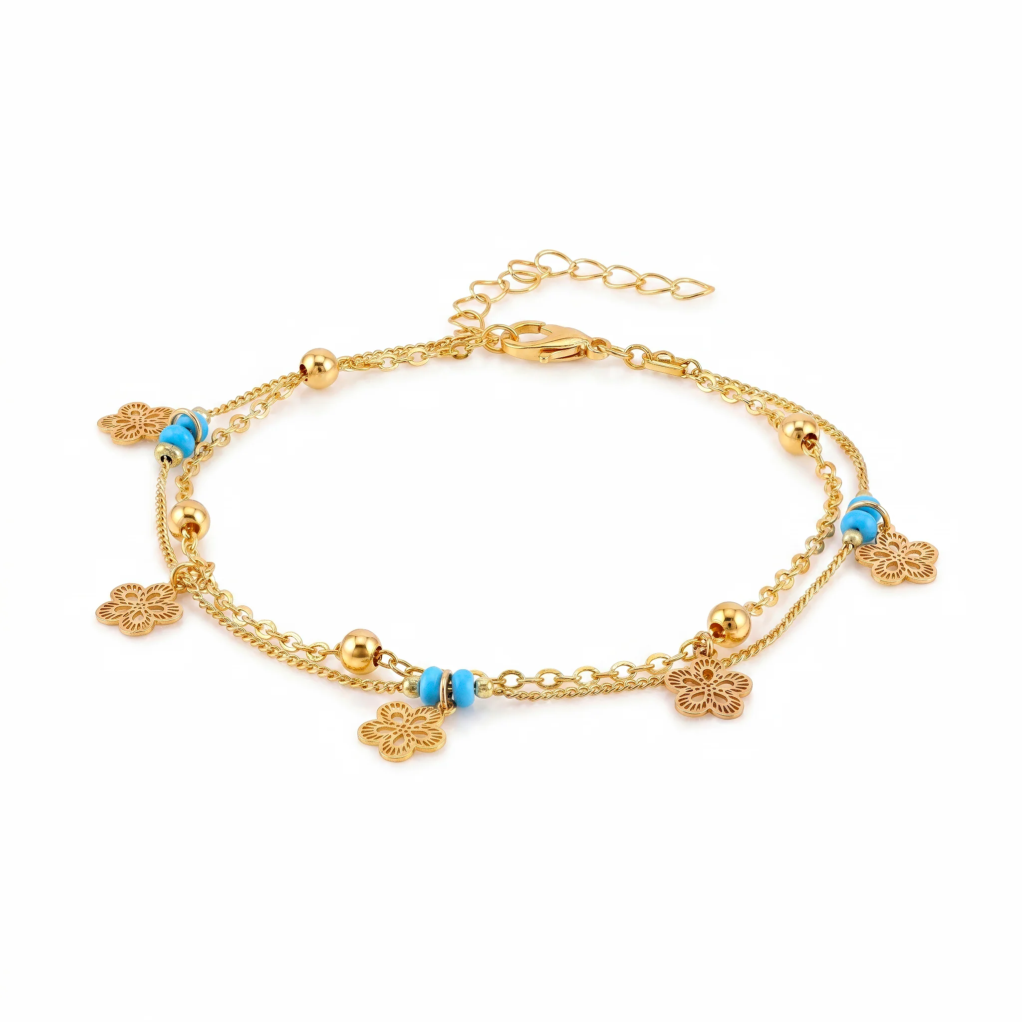 PRAO Anklet Anti-Tarnish Elegant Double-Layered With Turquoise Beads And Floral Charms - Image 3