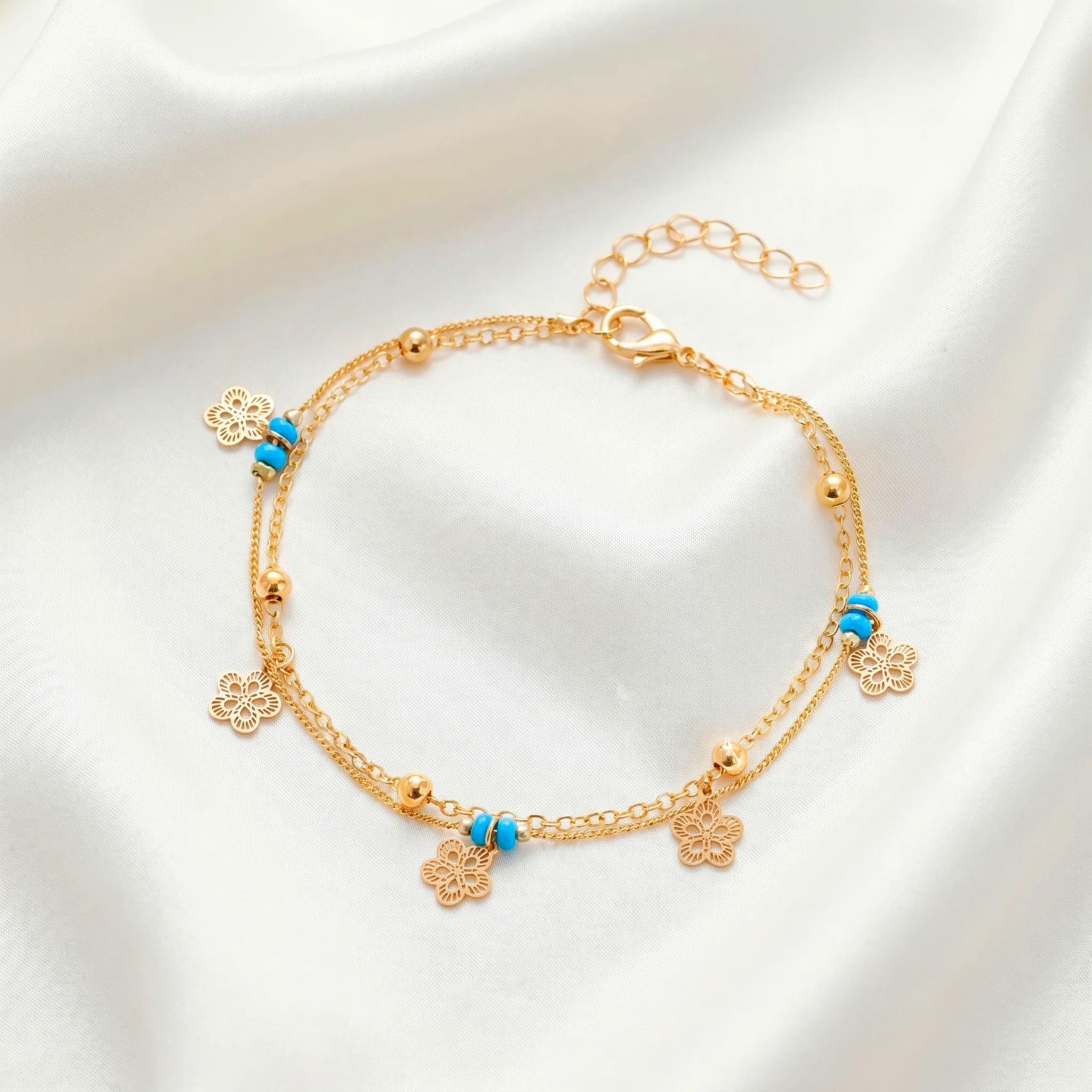 PRAO Anklet Anti-Tarnish Elegant Double-Layered With Turquoise Beads And Floral Charms - Image 4