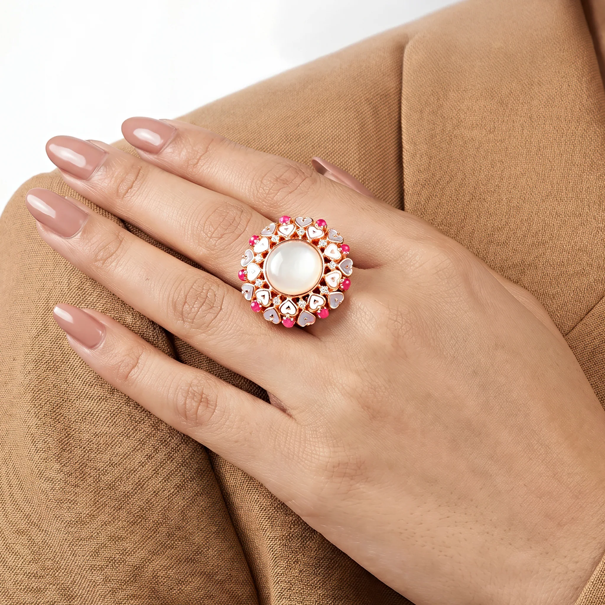 PRAO Ring Anti-Tarnish Statement With Pearl And Enamel Hearts (Adjustable Size) - Image 3