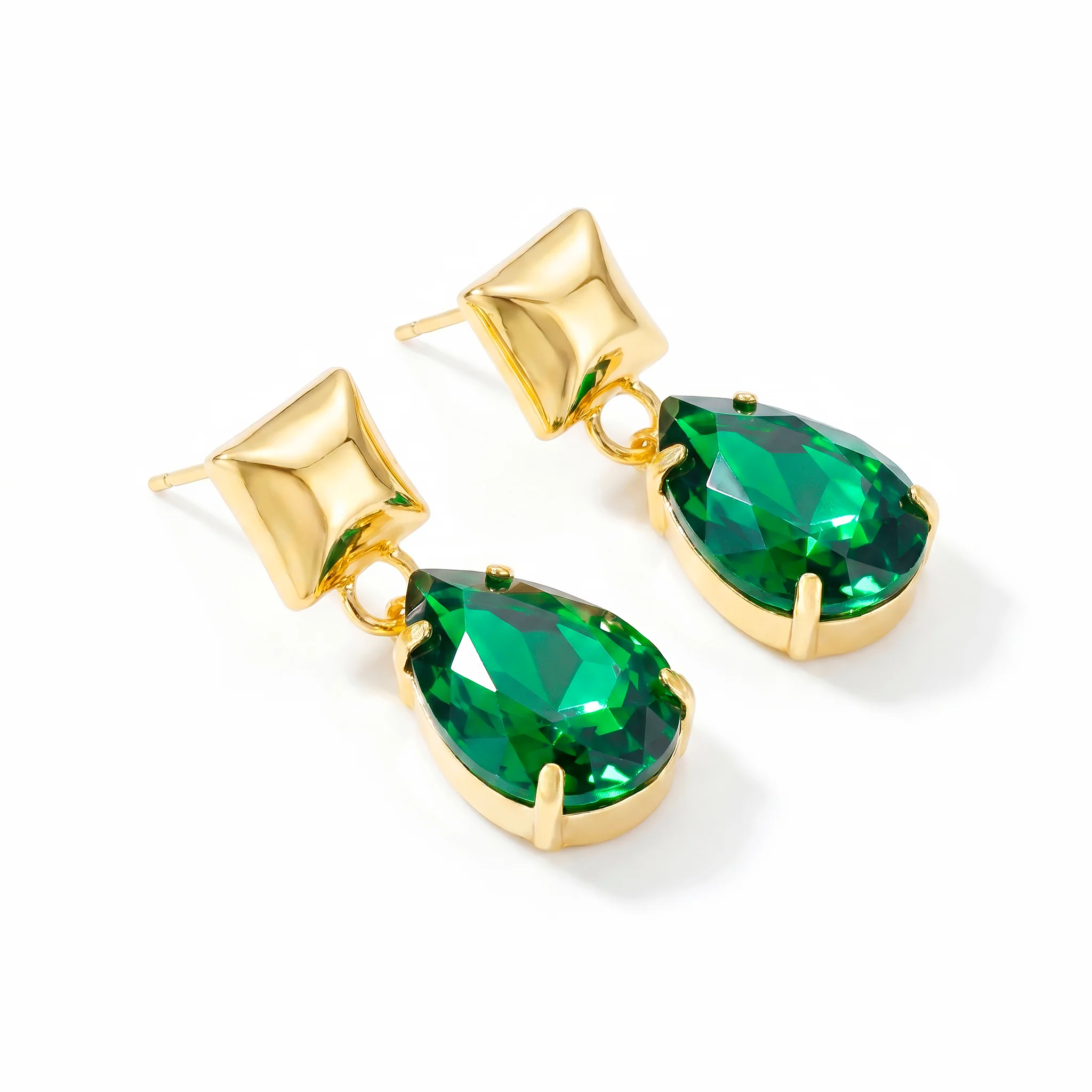 PRAO Earrings Anti-Tarnish Emerald Teardrop Dangle Earrings With Square Studs - Image 2
