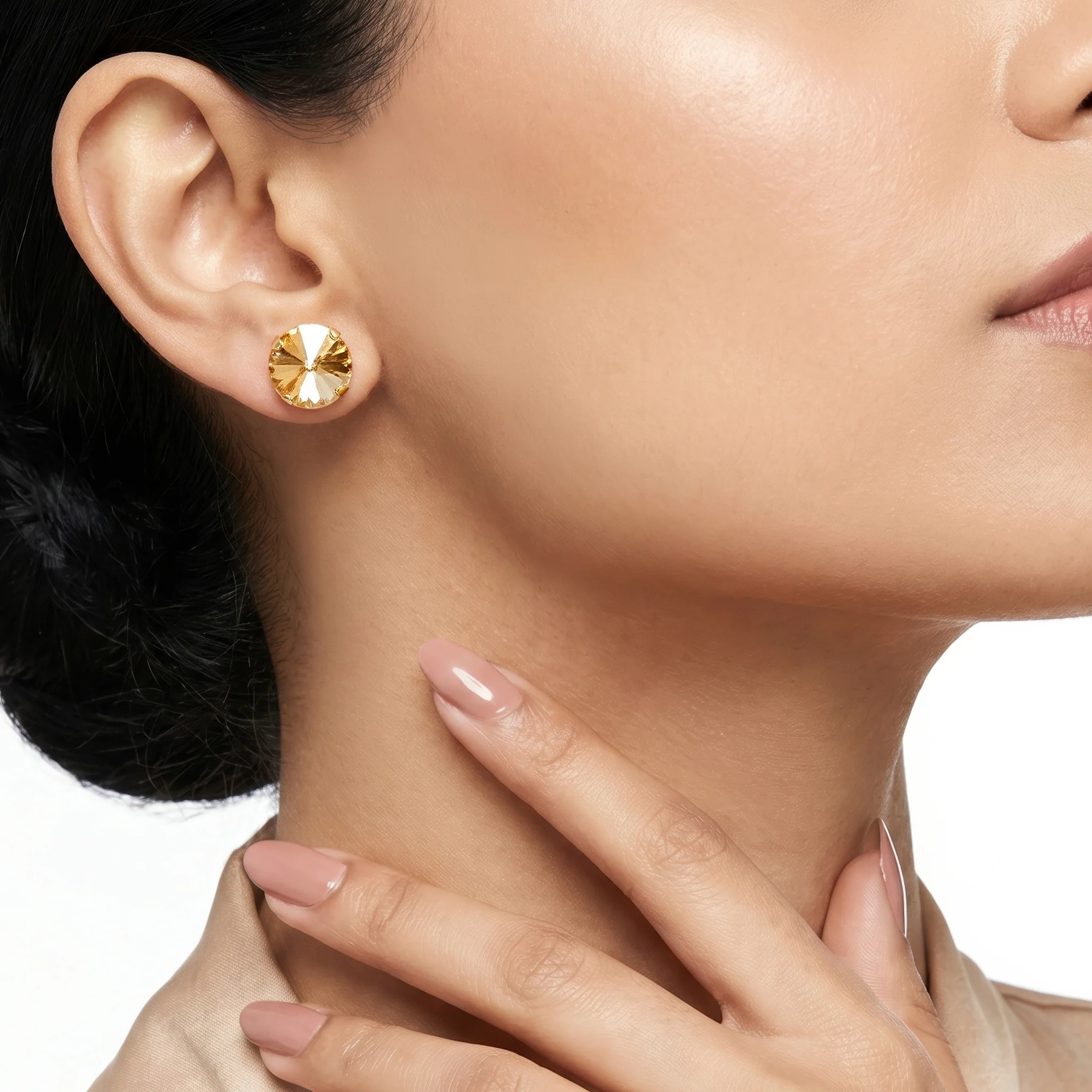 PRAO Earrings Anti-Tarnish Oversized Round Champagne Crystal Studs - Image 2