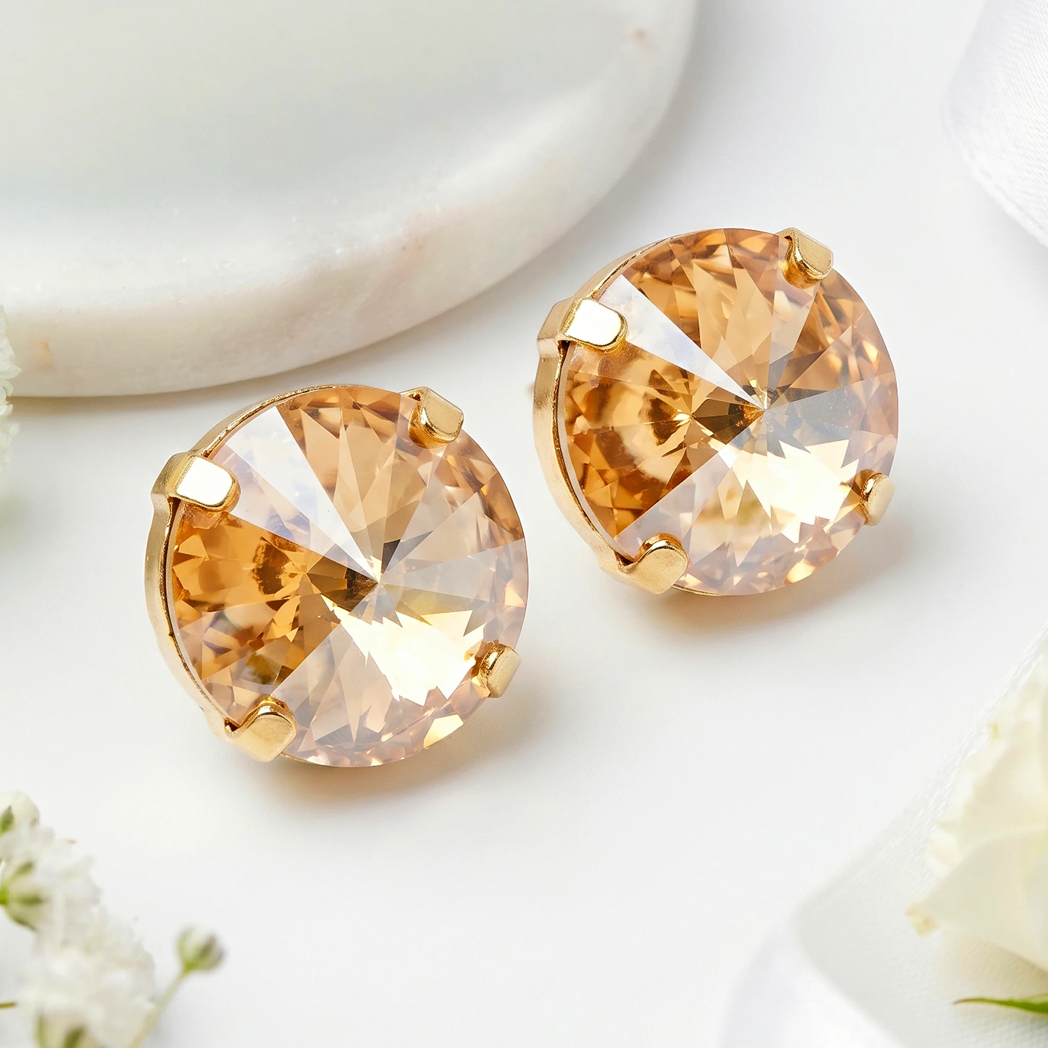 PRAO Earrings Anti-Tarnish Oversized Round Champagne Crystal Studs - Image 4