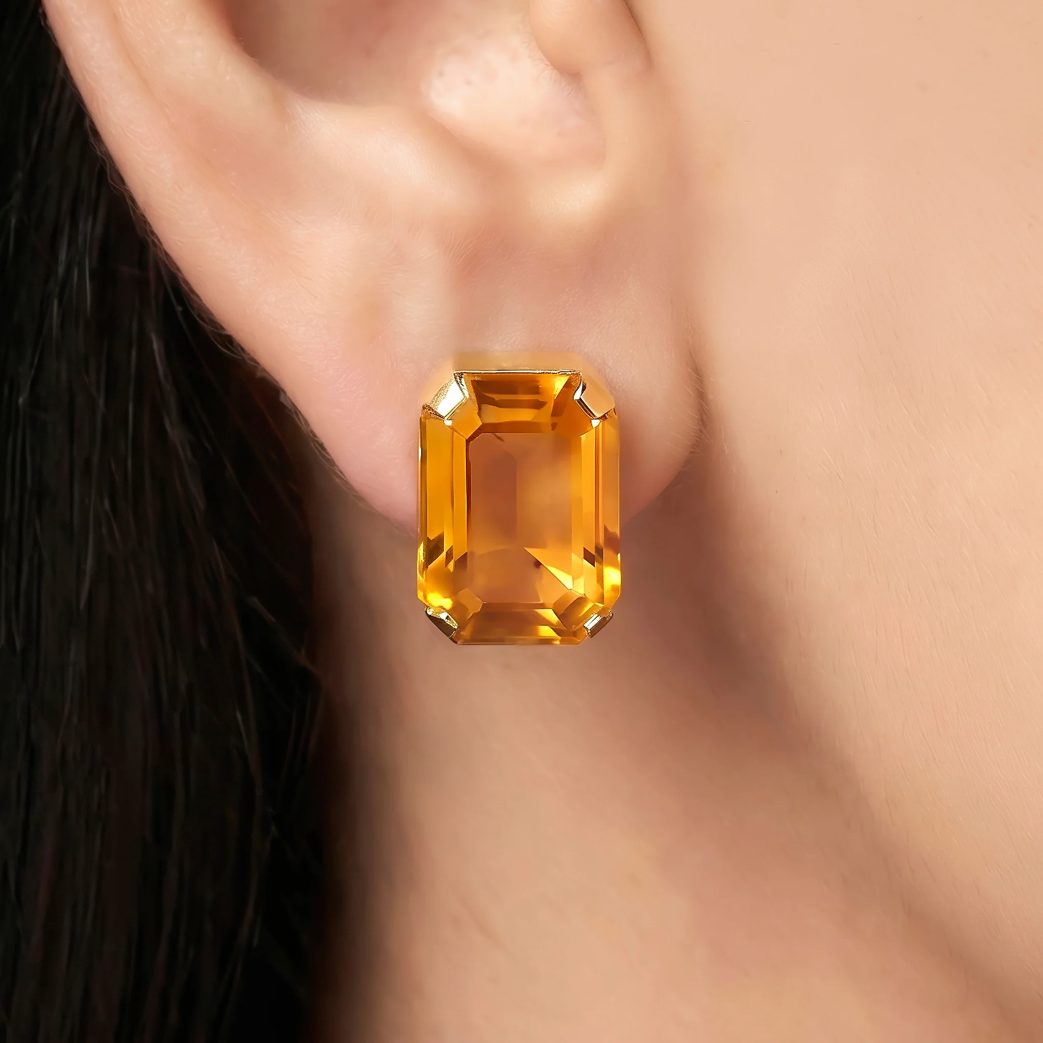 PRAO Earrings Anti-Tarnish Amber Yellow Emerald-Cut Crystal Studs - Image 2