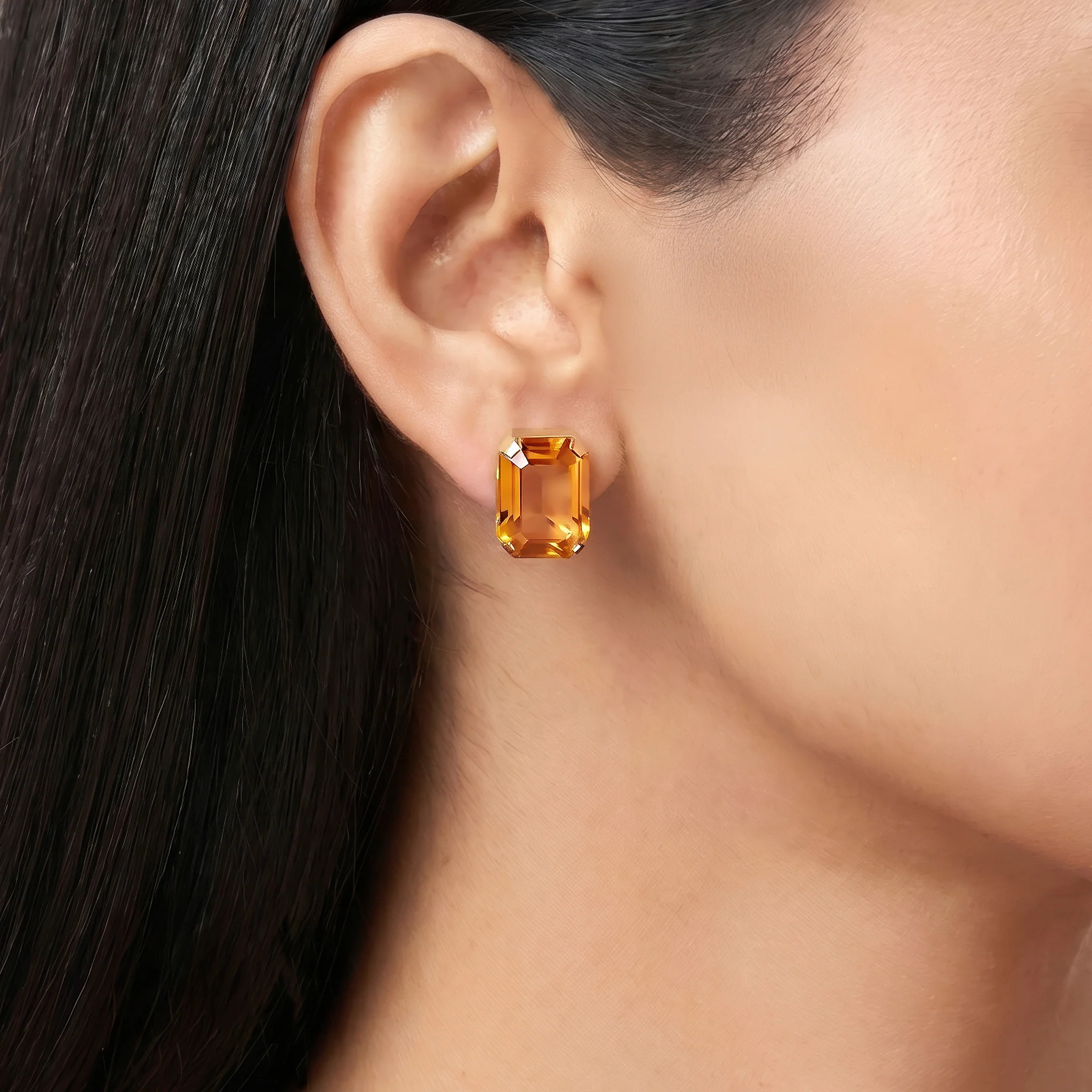 PRAO Earrings Anti-Tarnish Amber Yellow Emerald-Cut Crystal Studs - Image 3
