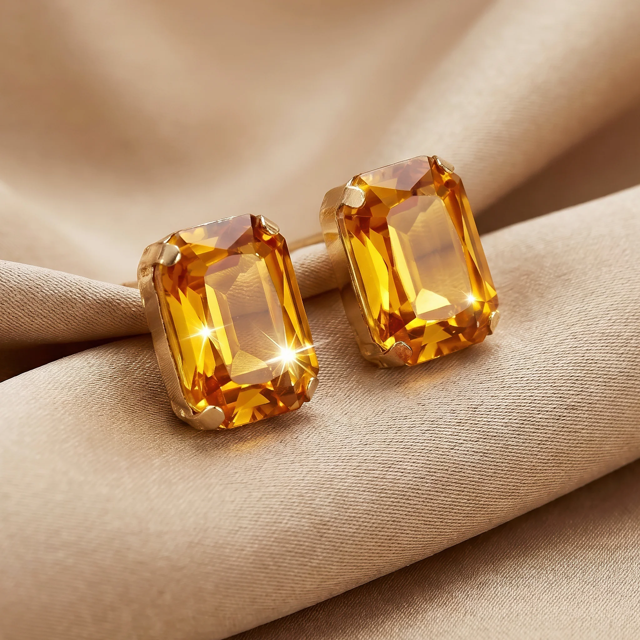 PRAO Earrings Anti-Tarnish Amber Yellow Emerald-Cut Crystal Studs - Image 4
