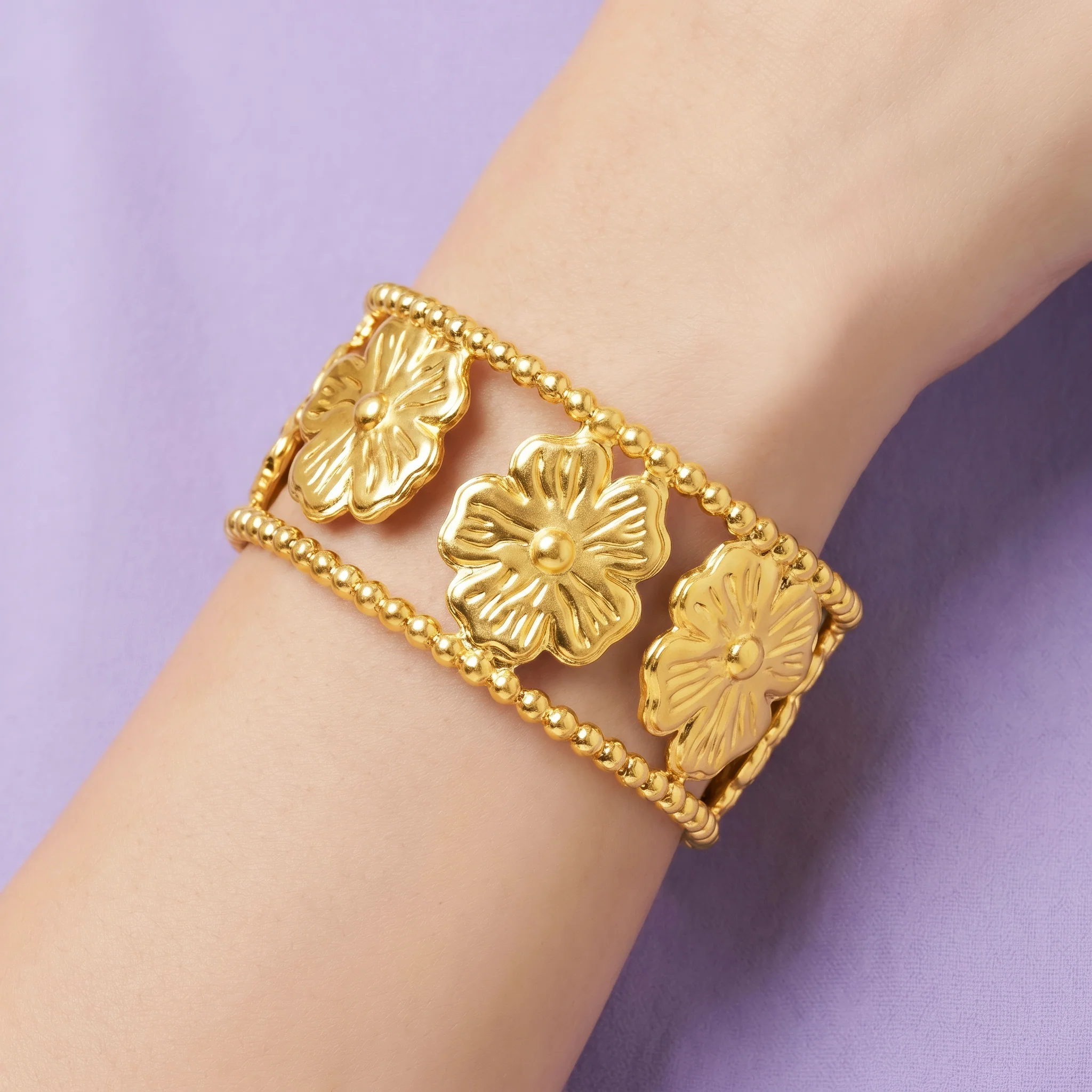 PRAO Bracelet Anti-Tarnish Floral Openwork Cuff (Adjustable Size) - Image 2