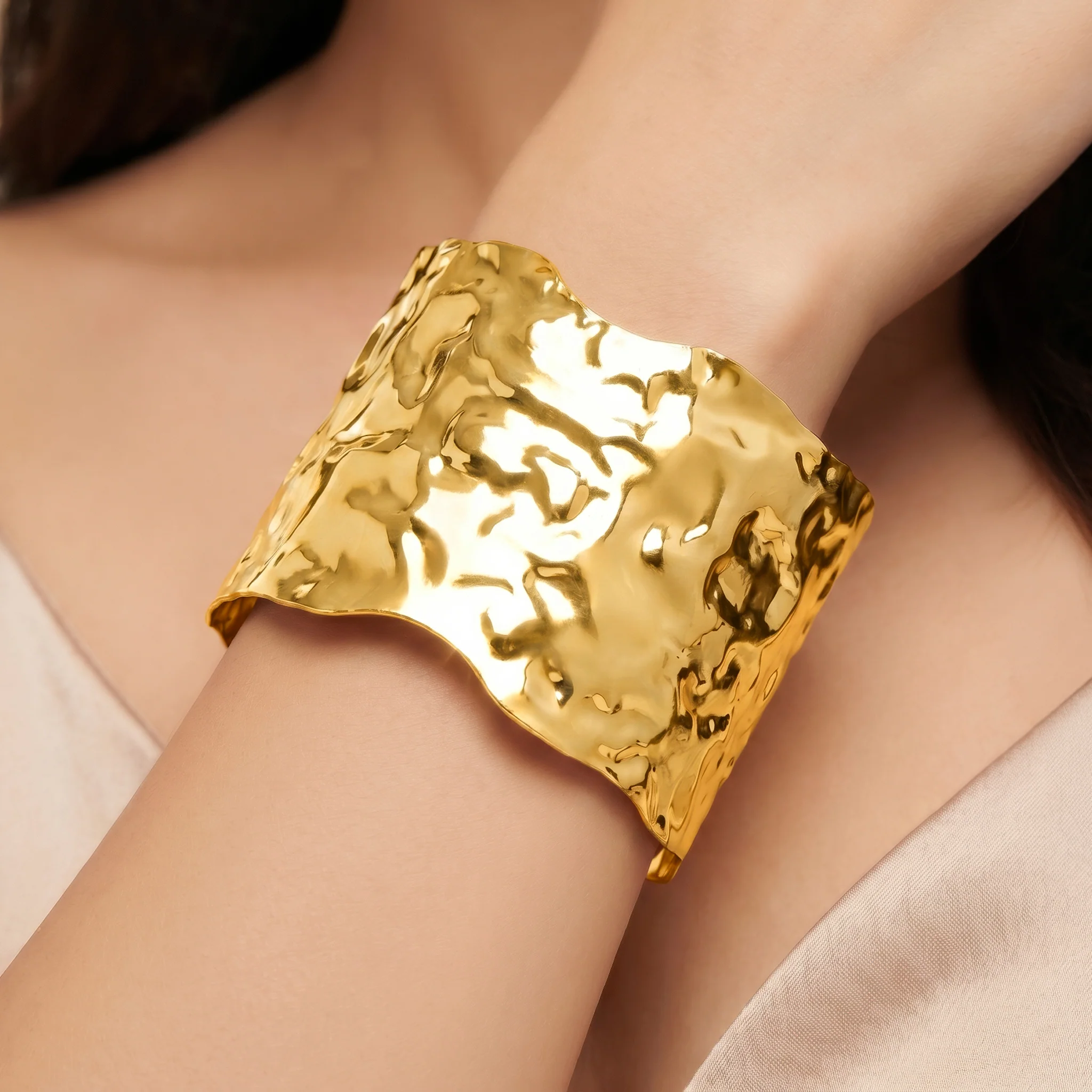 PRAO Bracelet Anti-Tarnish Molten Texture Golden Statement Cuff (Adjustable Size)