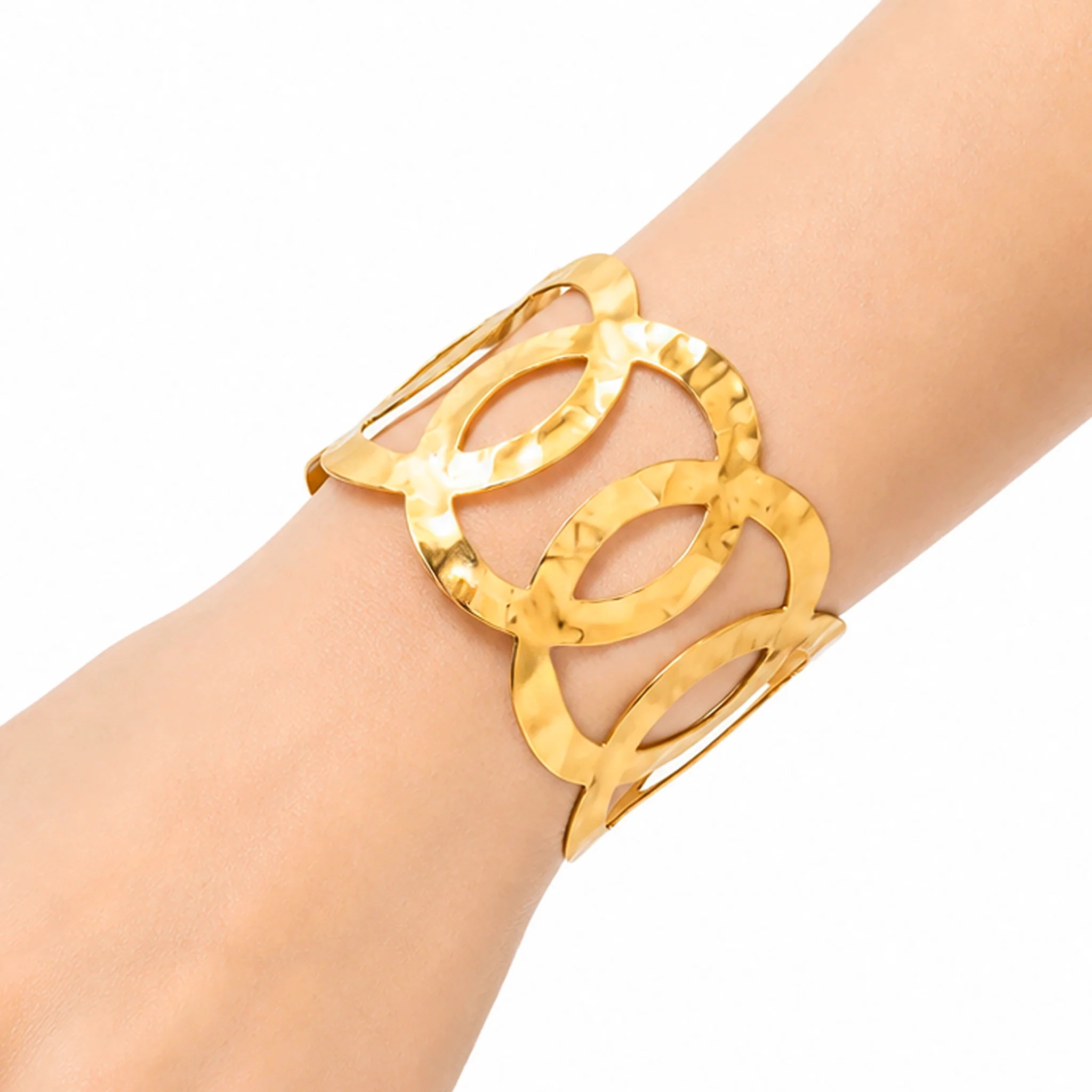 PRAO Bracelet Anti-Tarnish Hammered Oval Link Cuff (Adjustable Size)