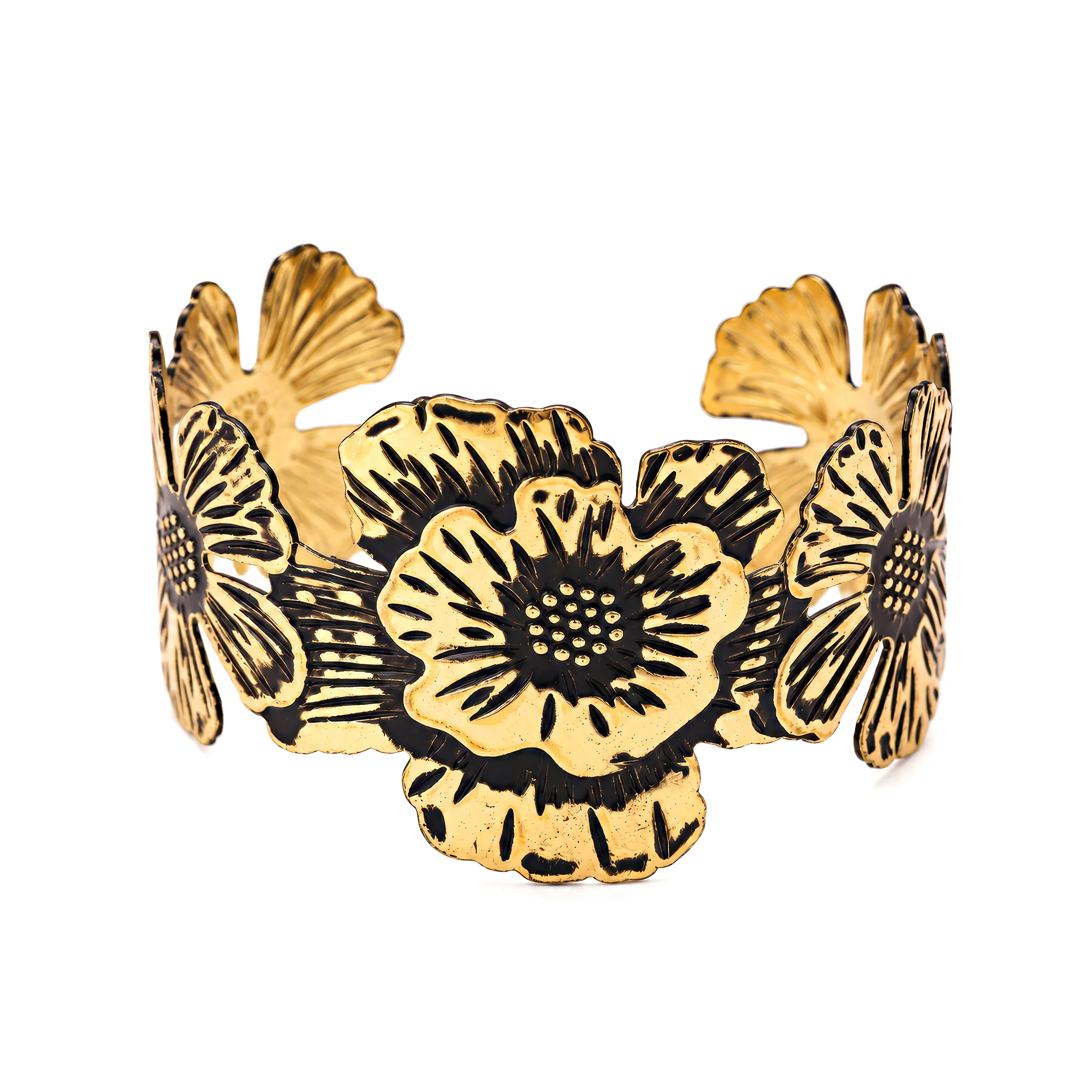 PRAO Bracelet Anti-Tarnish Black Floral Sculpted Cuff (Adjustable Size) - Image 5