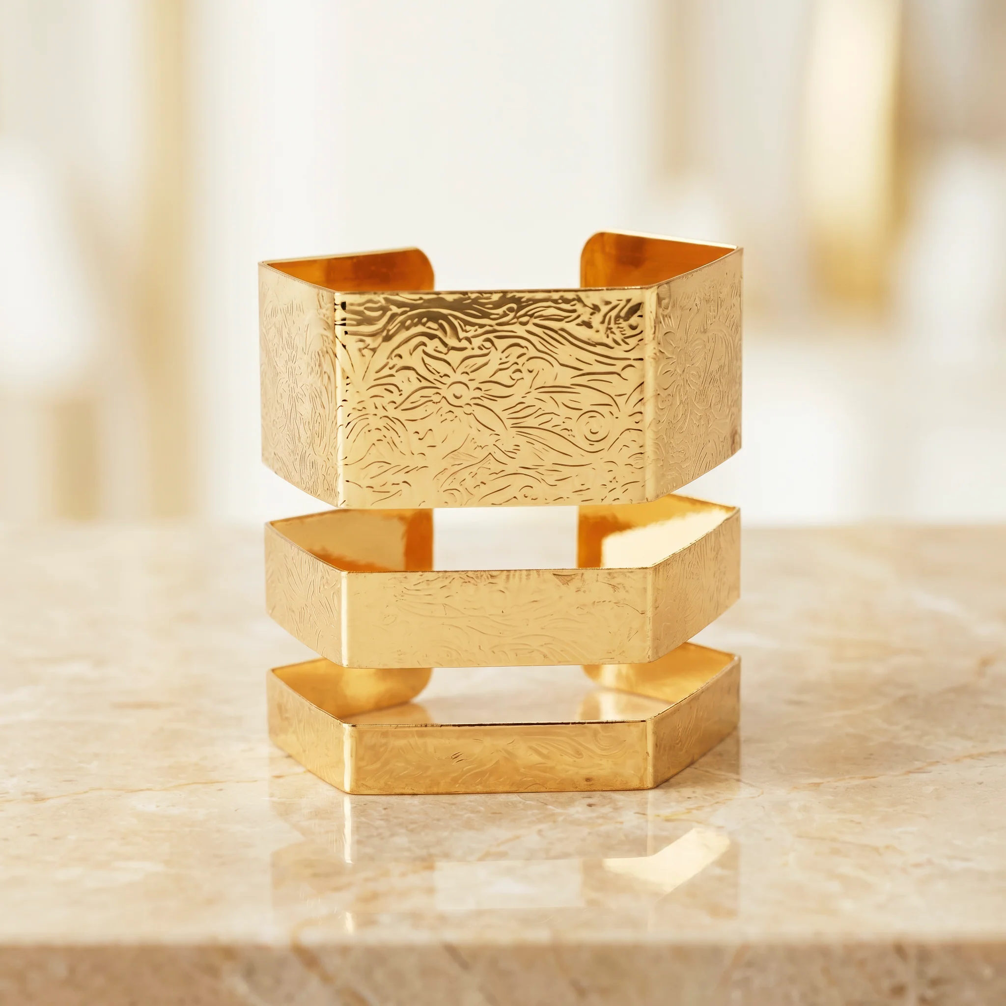 PRAO Bracelet Anti-Tarnish Floral-Etched Multi-Band Cuff (Adjustable Size) - Image 4