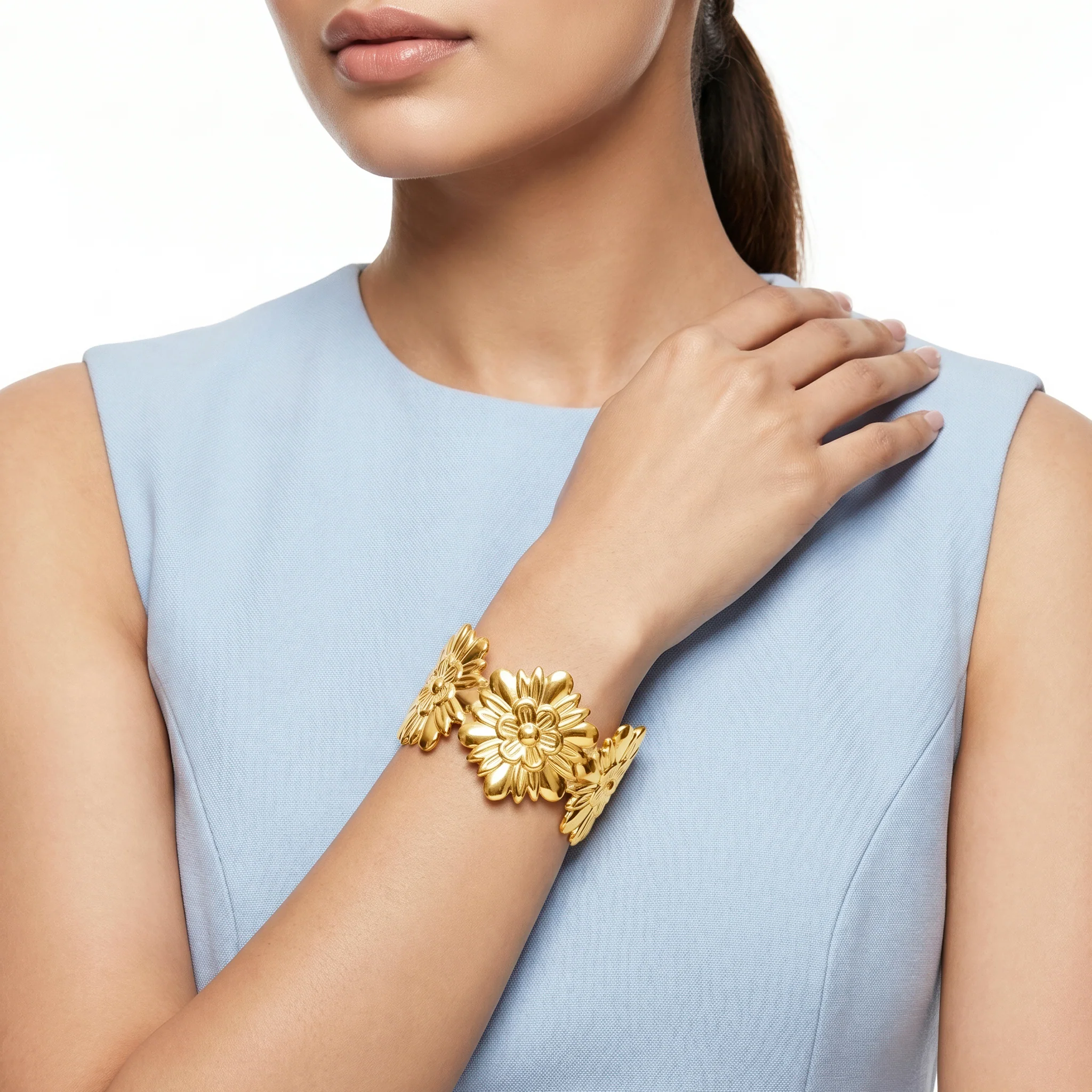 PRAO Bracelet Anti-Tarnish Sculpted Floral Cuff (Adjustable Size) - Image 2