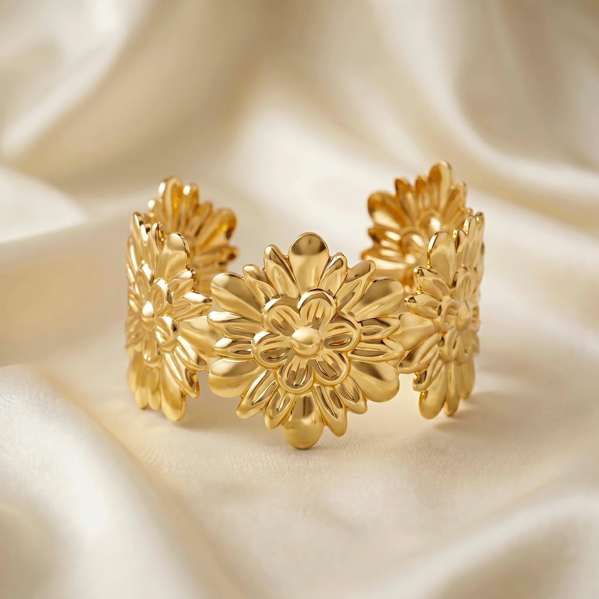 PRAO Bracelet Anti-Tarnish Sculpted Floral Cuff (Adjustable Size) - Image 4