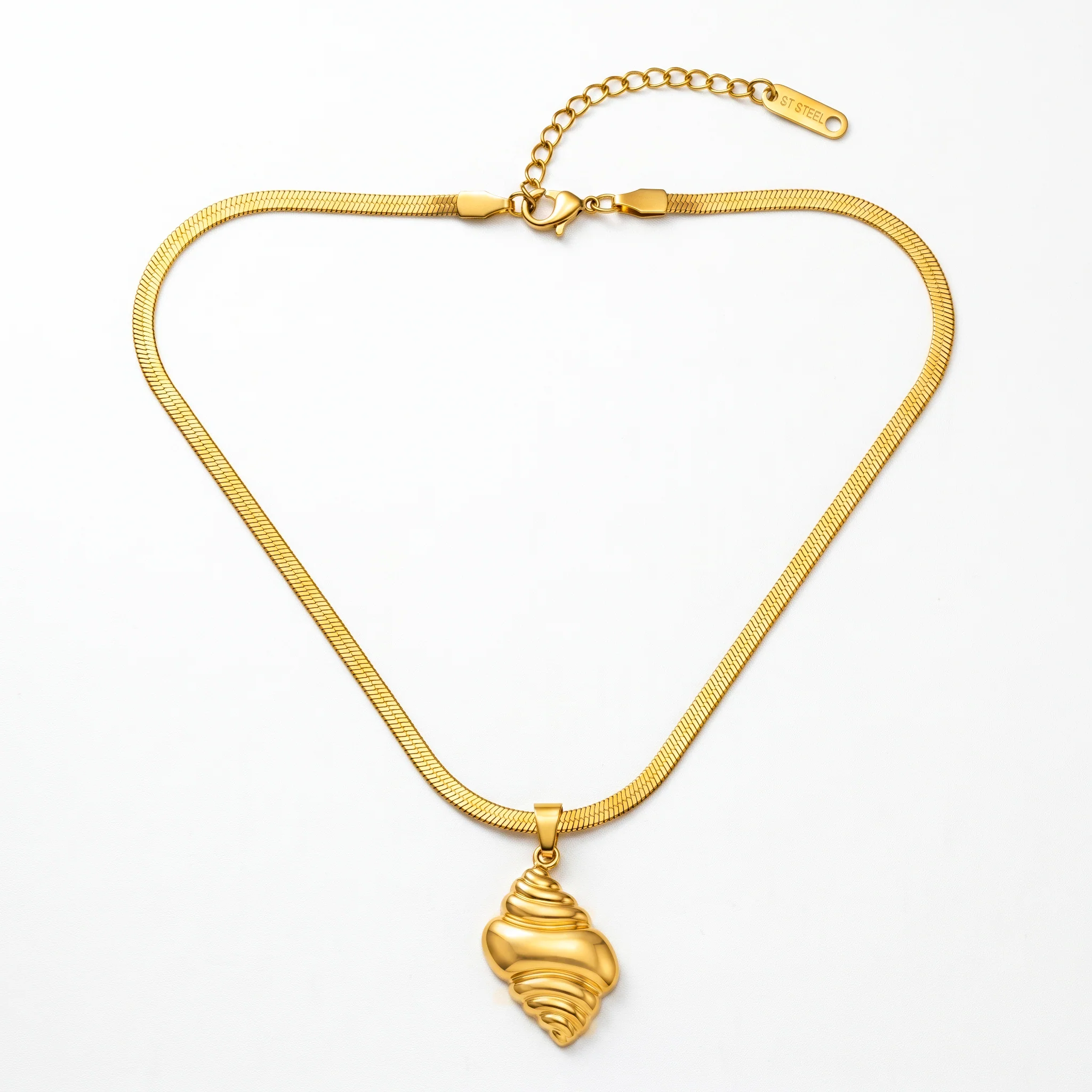 PRAO Necklace Anti-Tarnish Spiral Seashell Pendant Herringbone Chain - Image 3