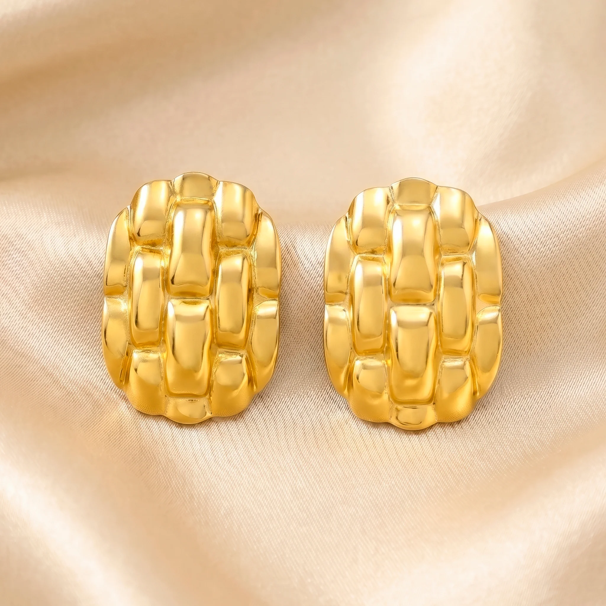 PRAO Earrings Anti-Tarnish Textured Lattice Statement - Image 4