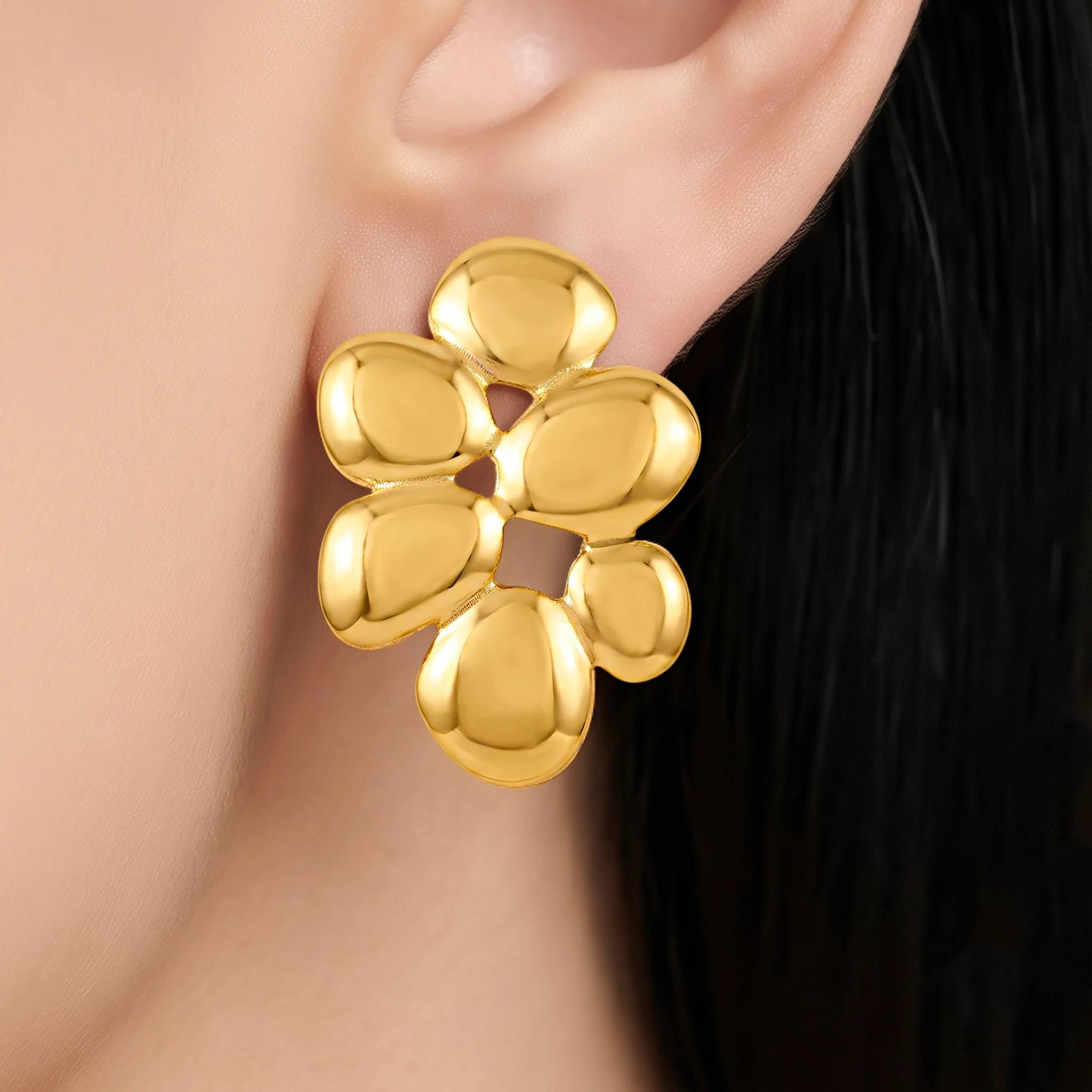 PRAO Earrings Anti-Tarnish Abstract Flower Statement - Image 2