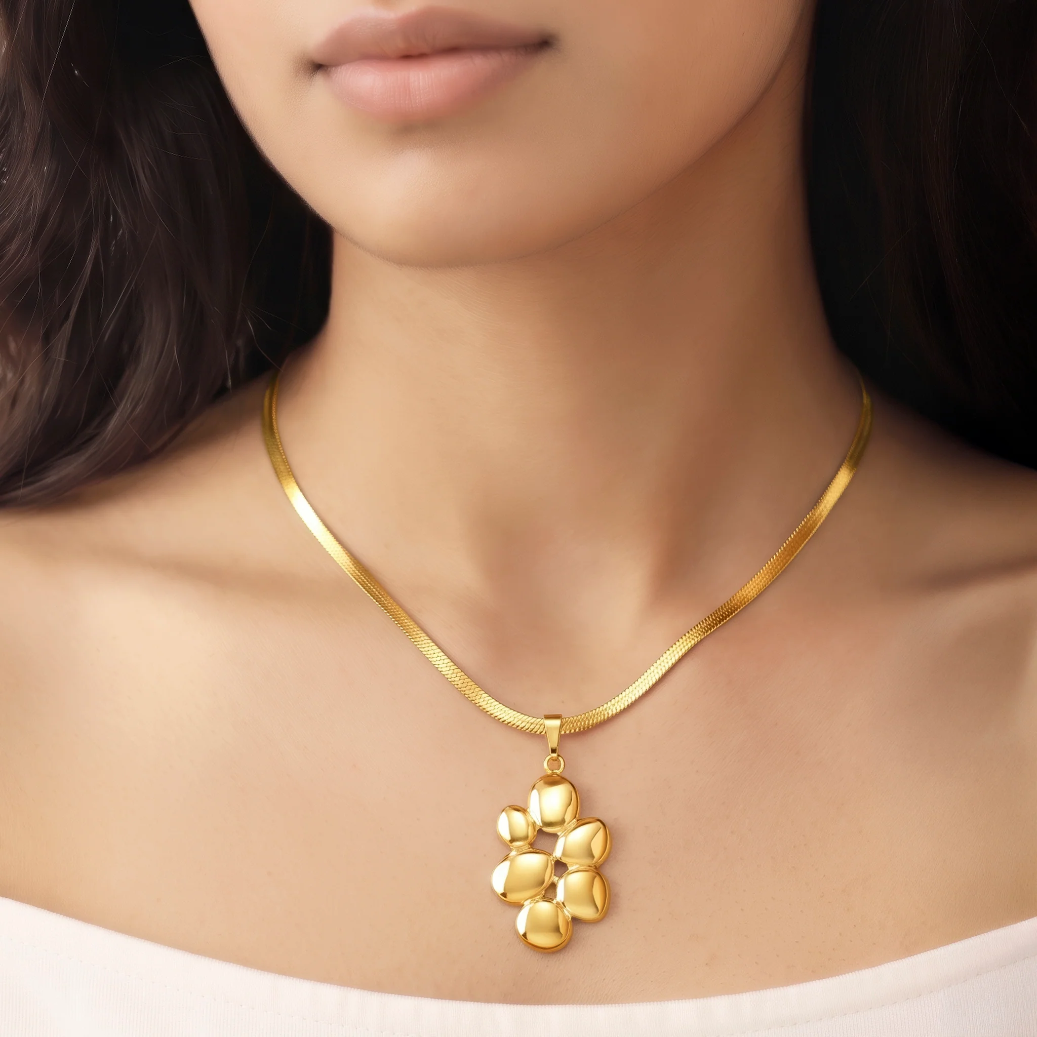 PRAO Necklace Anti-Tarnish Gold Plated Puffy Abstract Flower Pendant - Image 2