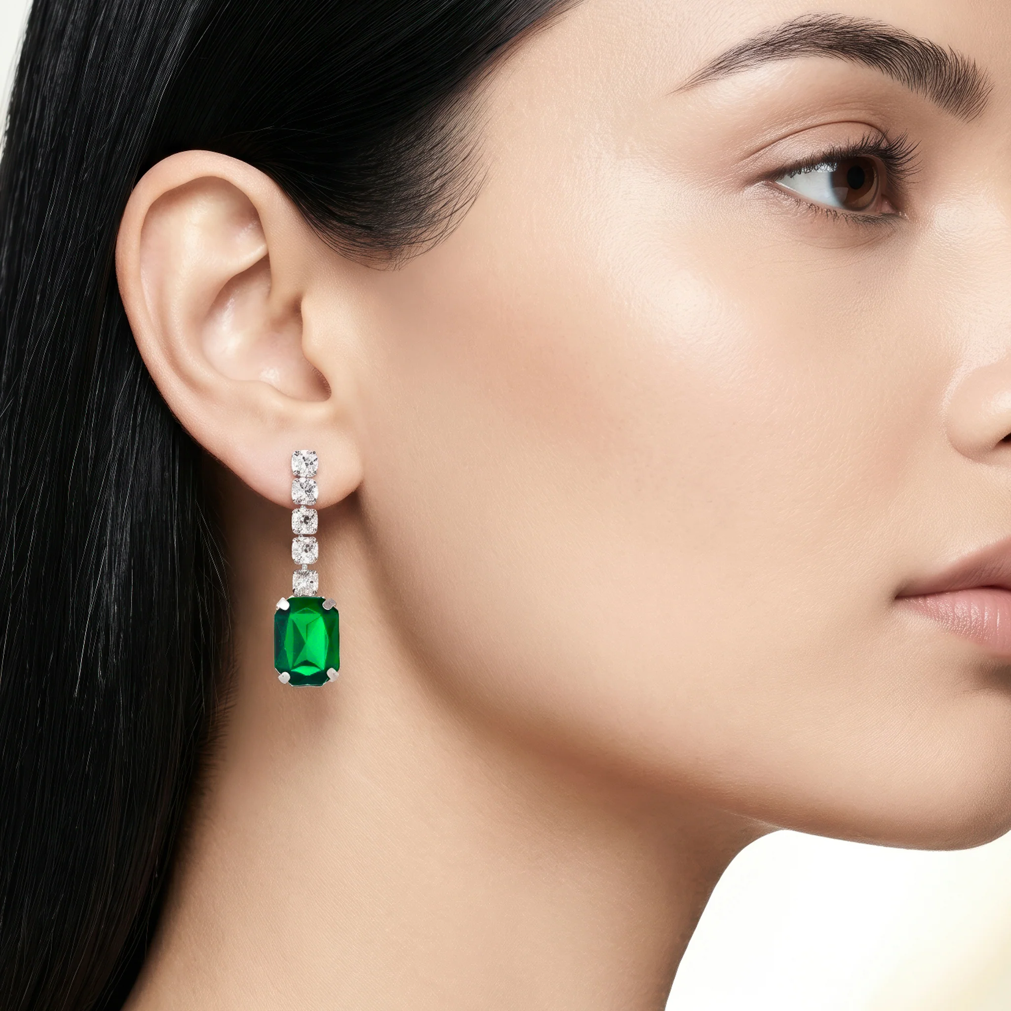 PRAO Earrings Anti-Tarnish Emerald Rectangular Crystal Dangles - Image 2