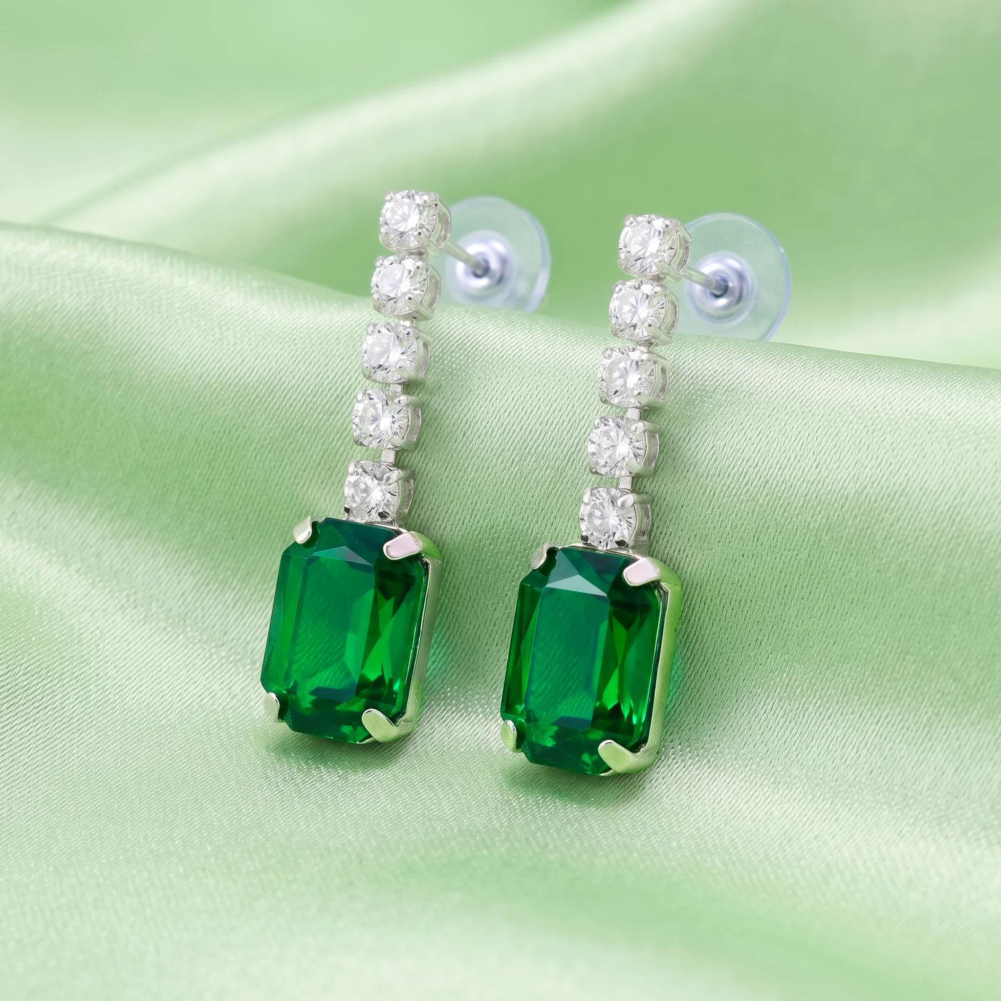 PRAO Earrings Anti-Tarnish Emerald Rectangular Crystal Dangles - Image 4