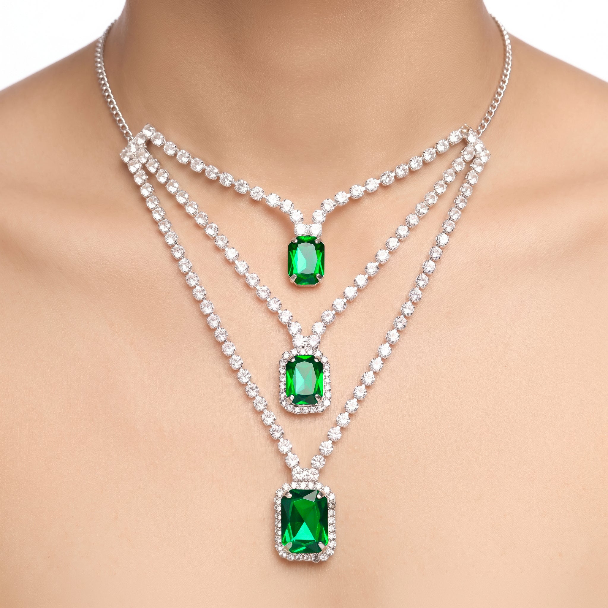 PRAO Necklace Anti-Tarnish Triple-Layered Chain With Emerald-Cut Green Gemstones - Image 2