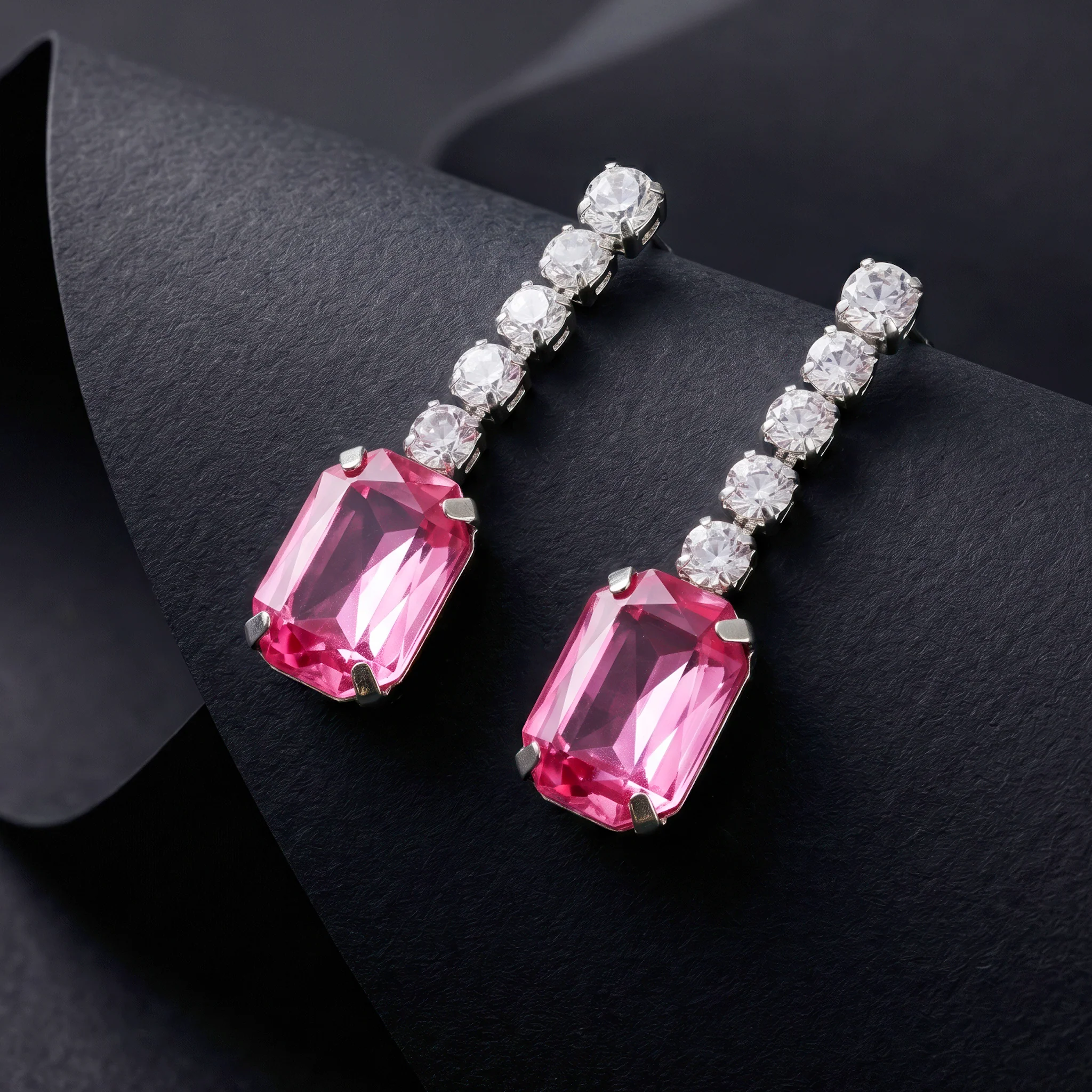 PRAO Earrings Anti-Tarnish Rose Pink Rectangular Crystal Dangles - Image 4