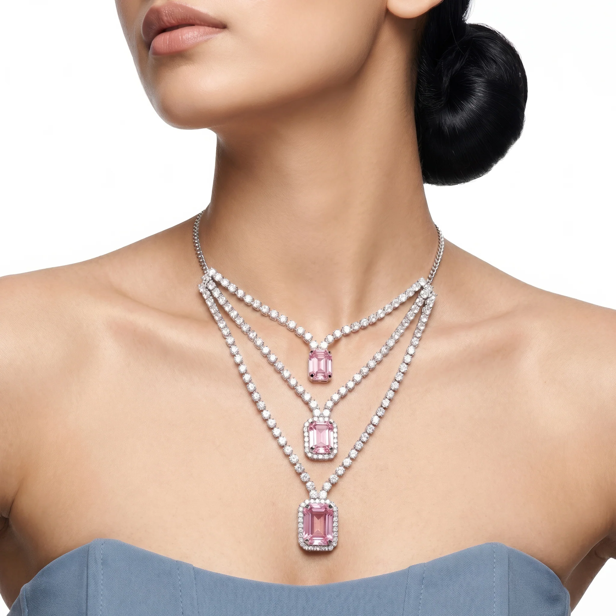 PRAO Necklace Anti-Tarnish Tiered Crystal Chain With Emerald-Cut Pink Stones - Image 2
