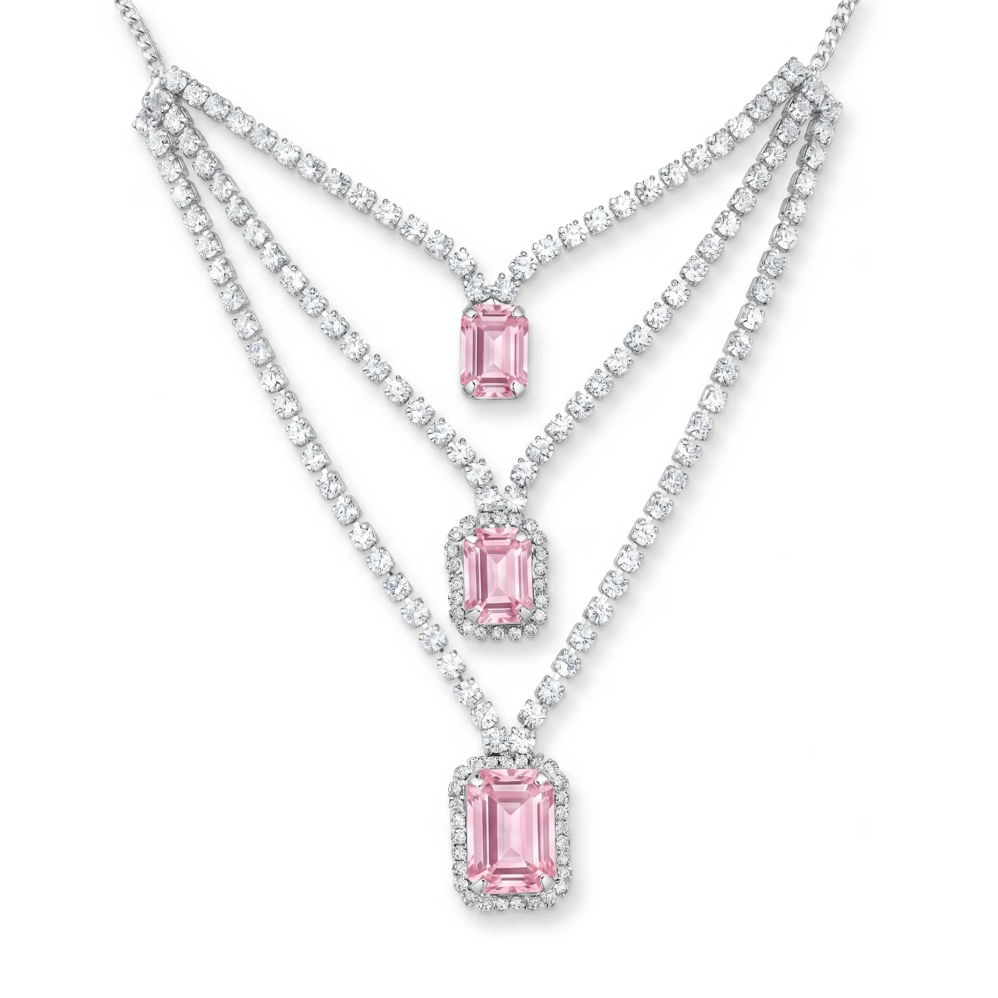 PRAO Necklace Anti-Tarnish Tiered Crystal Chain With Emerald-Cut Pink Stones - Image 3