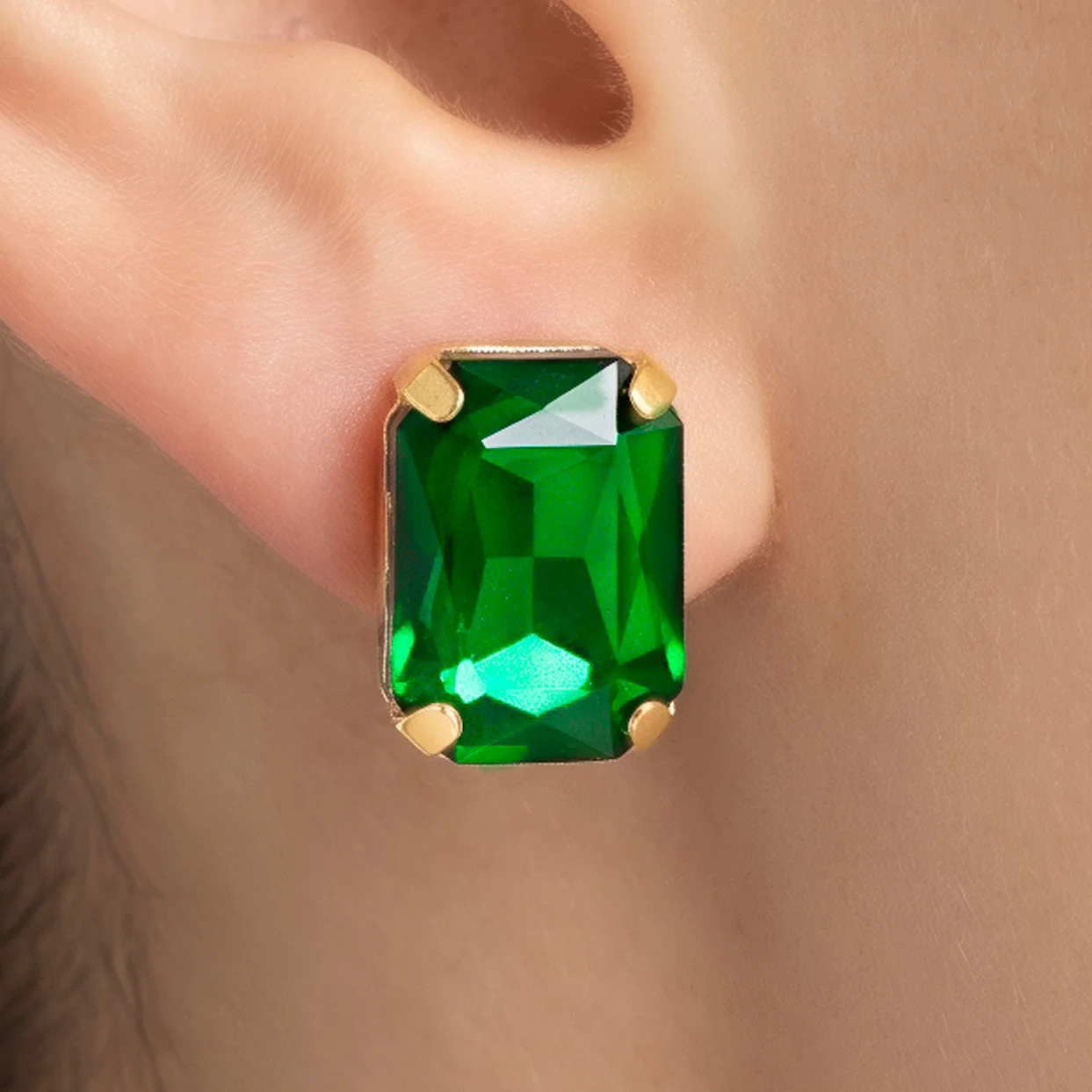 PRAO Earrings Anti-Tarnish Emerald Rectangle Crystal Studs