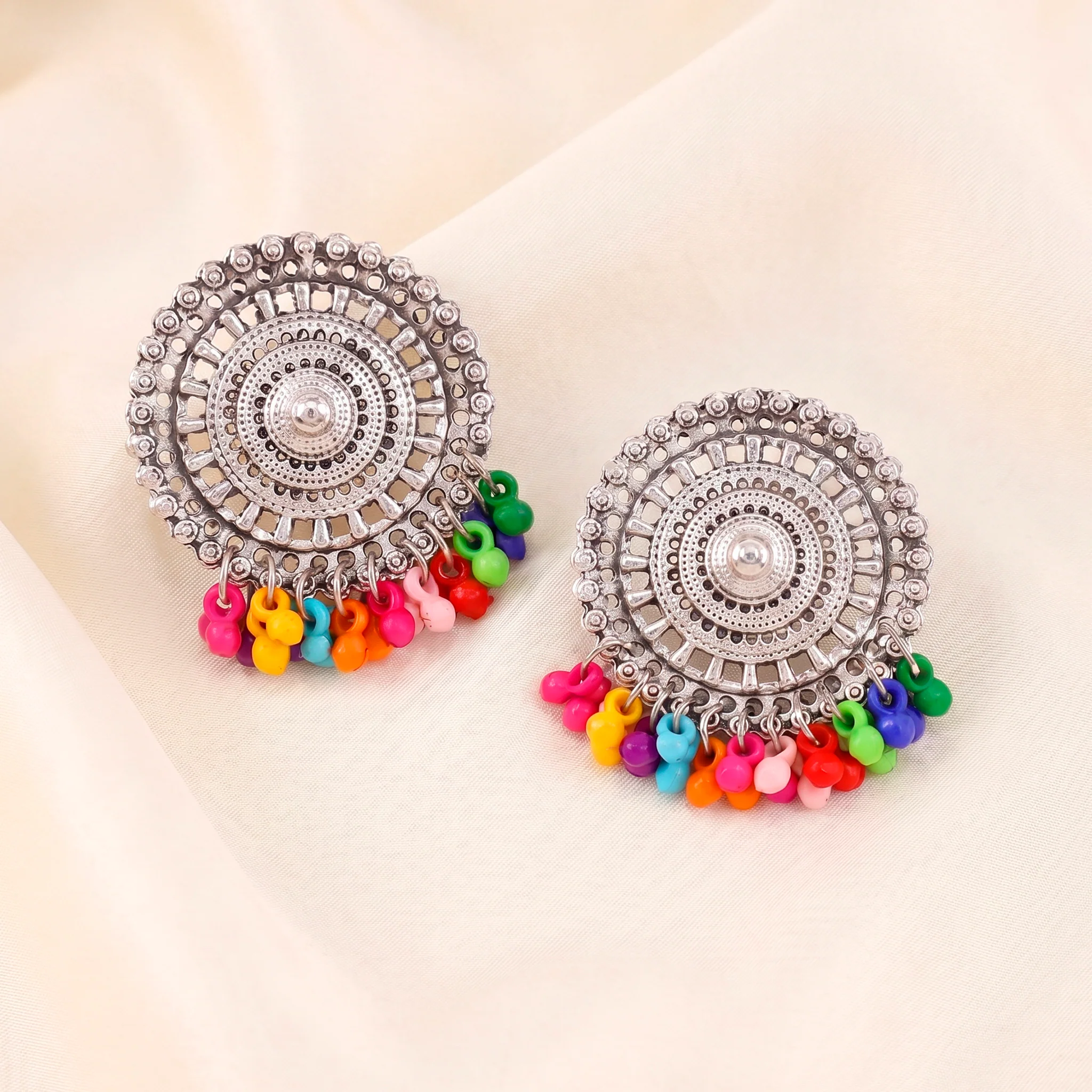 PRAO Earrings Anti-Tarnish Ethnic Statement With Colorful Acrylic Ghungroo Hangings - Image 4