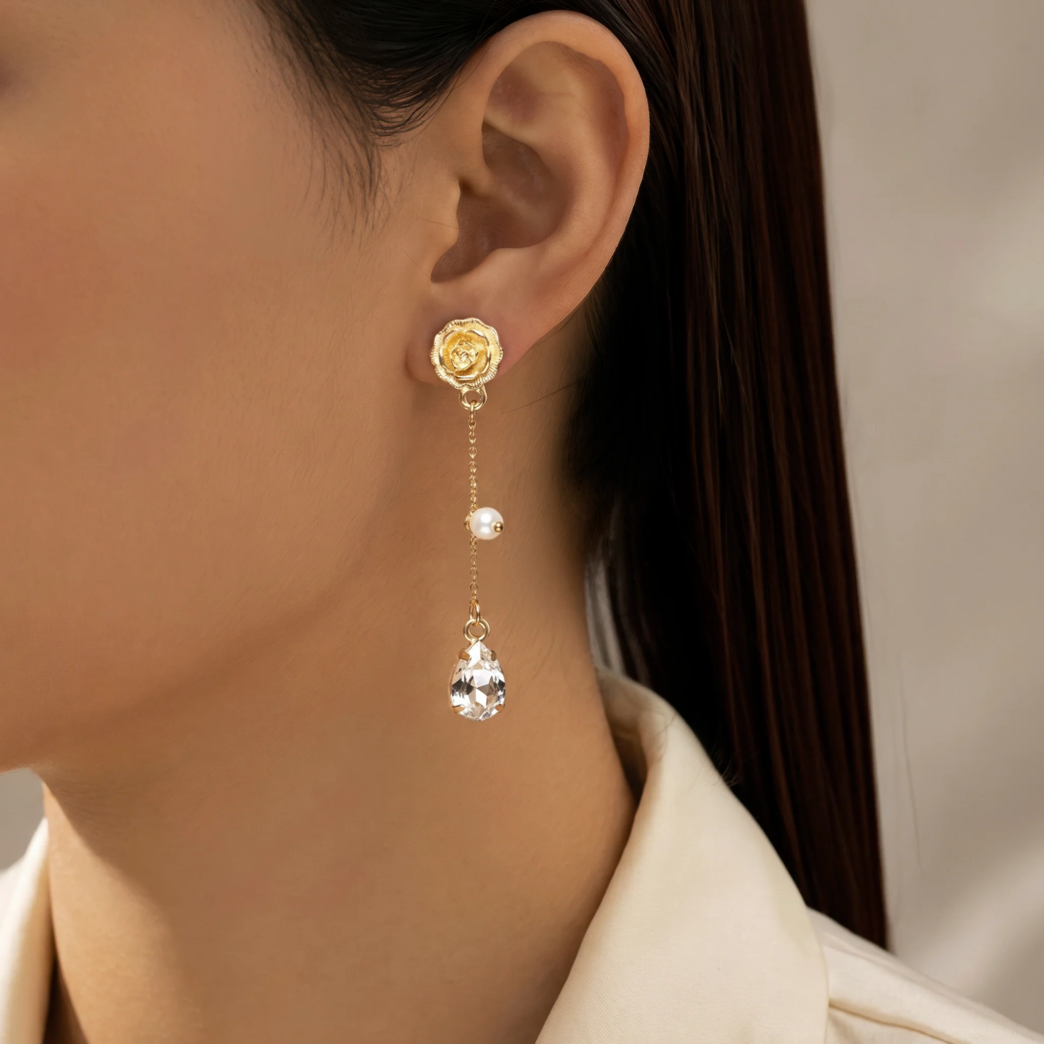 PRAO Earrings Anti-Tarnish Rose Dangles With Pearls And Teardrop Crystal - Image 2