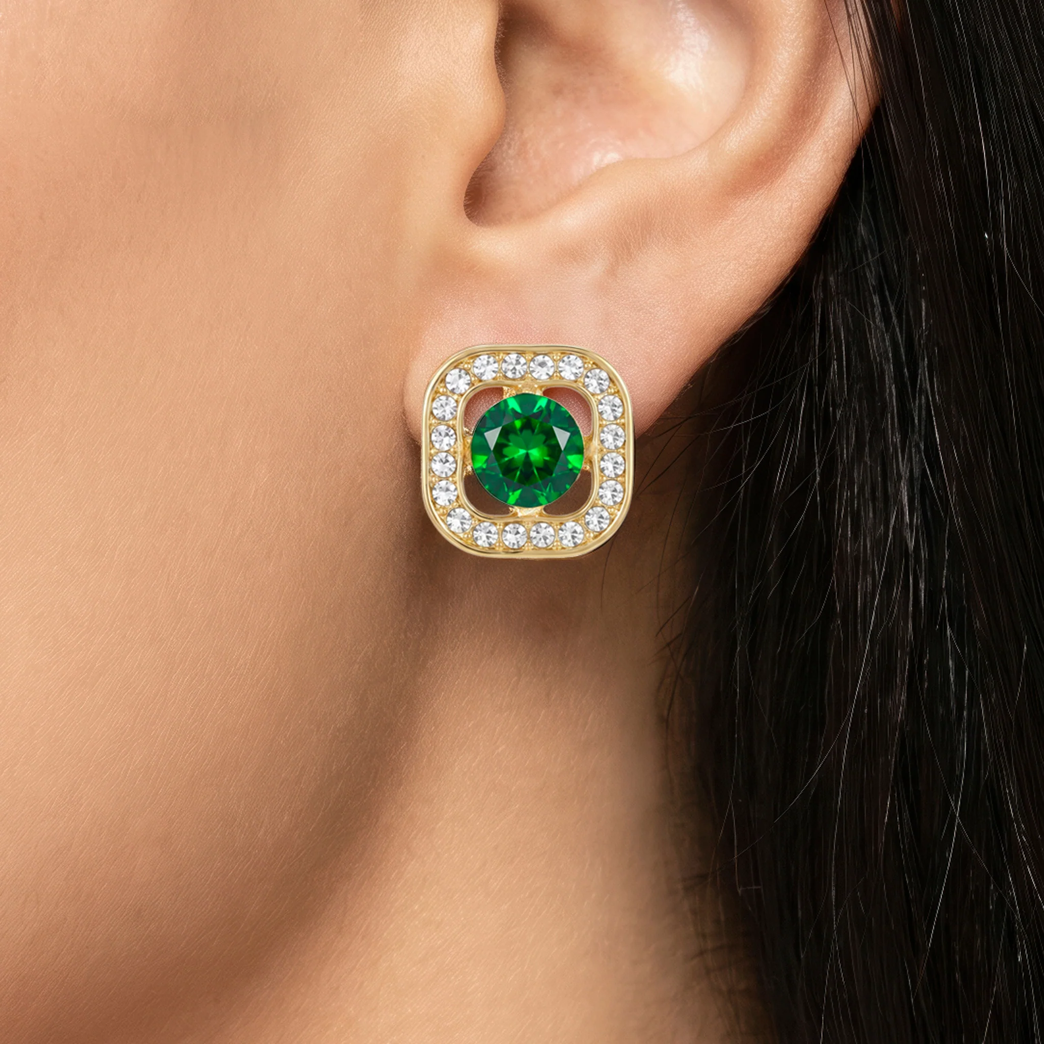 PRAO Earrings Anti-Tarnish Emerald Square Studs - Image 2