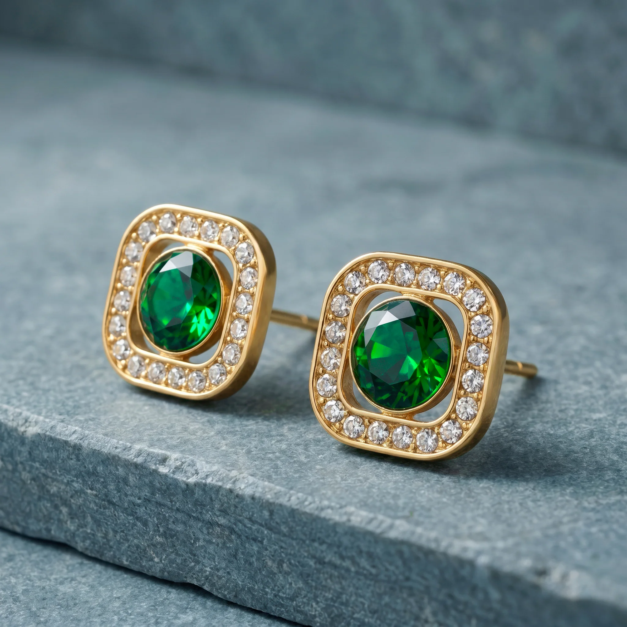 PRAO Earrings Anti-Tarnish Emerald Square Studs - Image 4