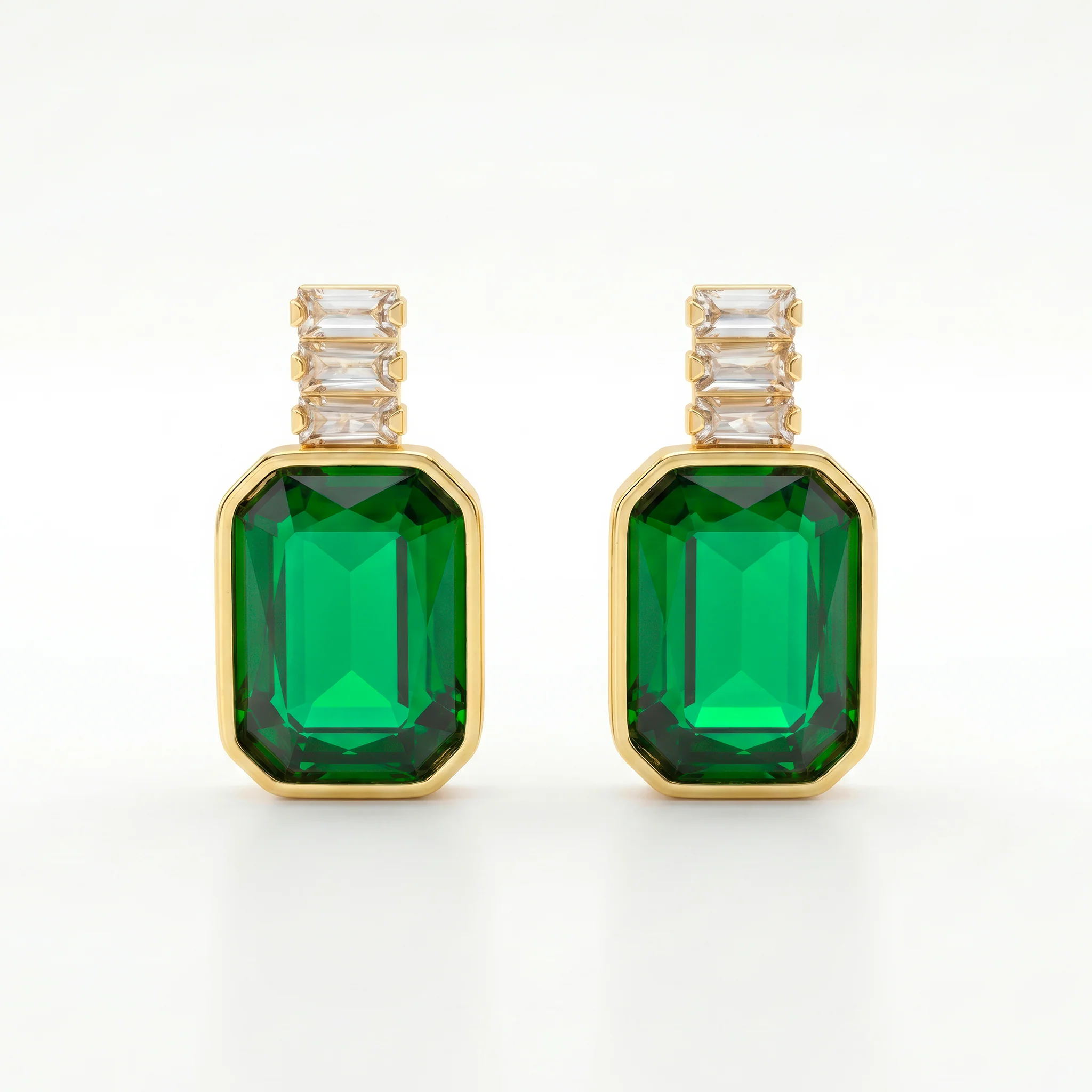 PRAO Earrings Anti-Tarnish Baguette Chain & Emerald Crystal Dangles - Image 3