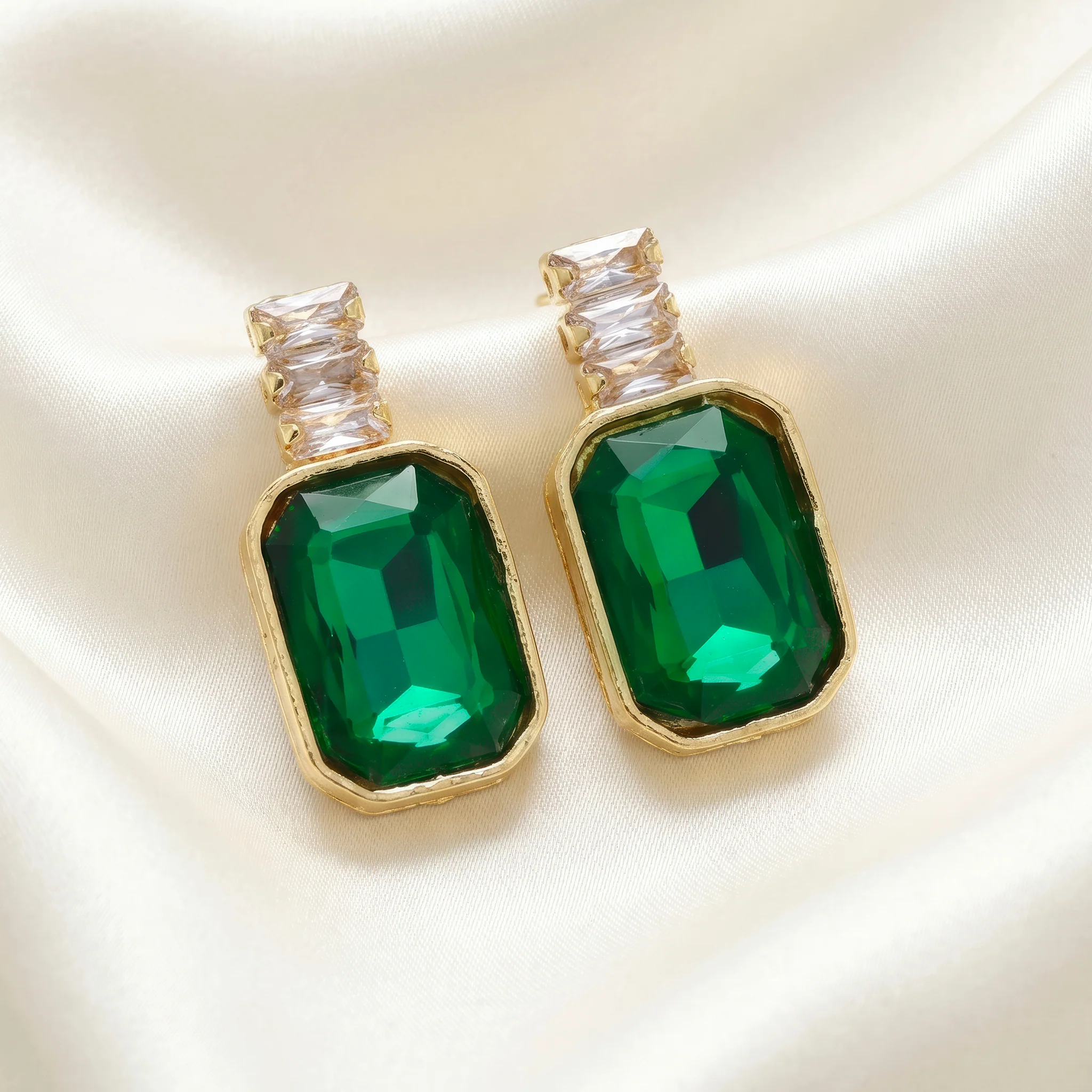 PRAO Earrings Anti-Tarnish Baguette Chain & Emerald Crystal Dangles - Image 4